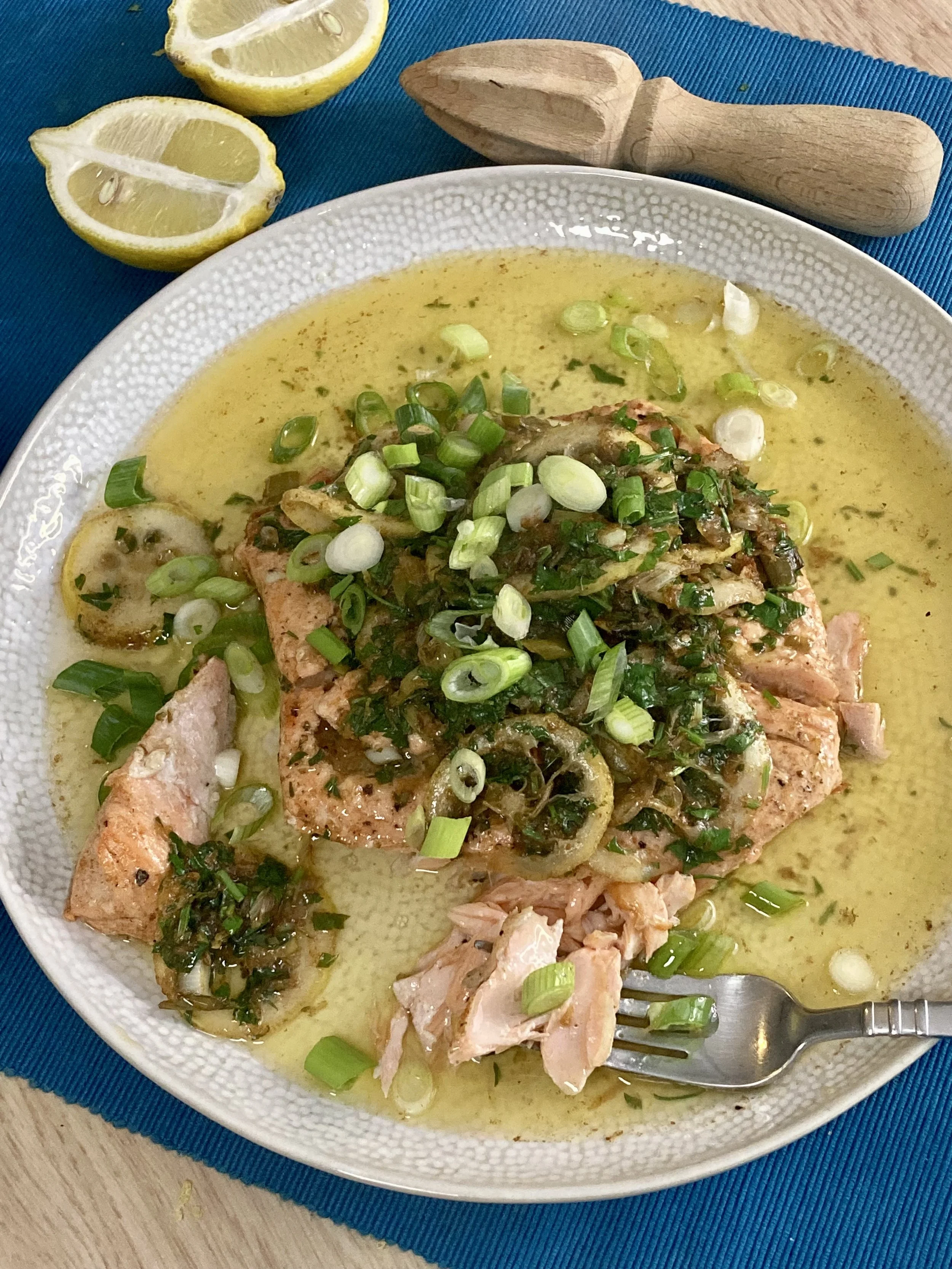 Goat Brown Butter Pan Seared Salmon with Lemon, Spring Onion and Parsley.