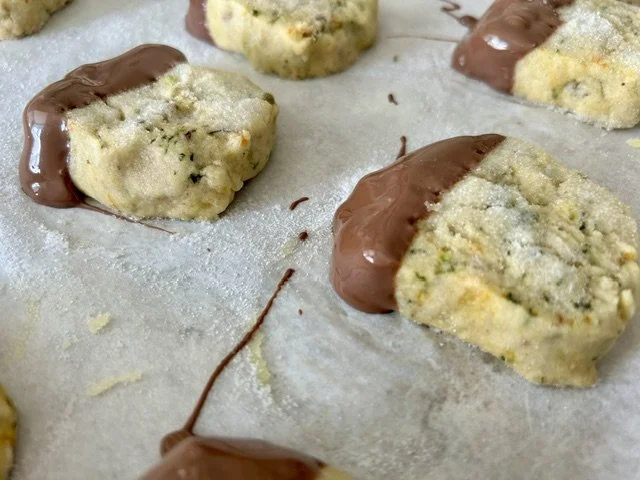 Chocolate Dipped Basil, Orange &amp; Pistachio Biscuit 