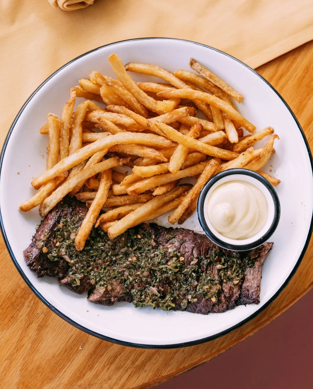 Churrasco Steak Frites with pickled onion chimichurri and garlic aioli 🤤