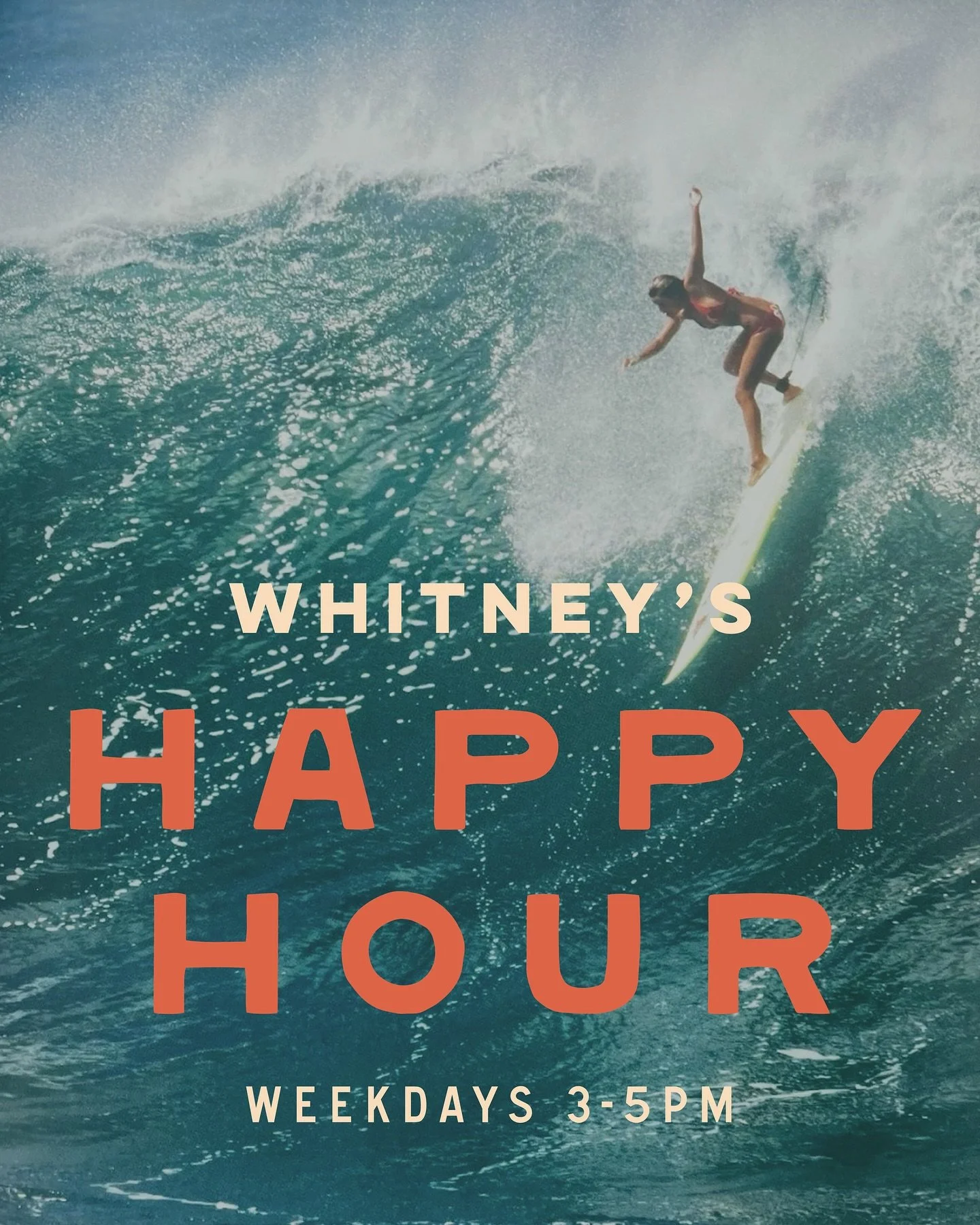 🏄&zwj;♀️Weekday shift: from desk-mode to beach-vibes at Whitney&rsquo;s LBK. Join us for Happy Hour 3-5 PM 
for $9 signature cocktails, $5 draft beers, wines by the glass and $5 off appetizers!🌊🍸