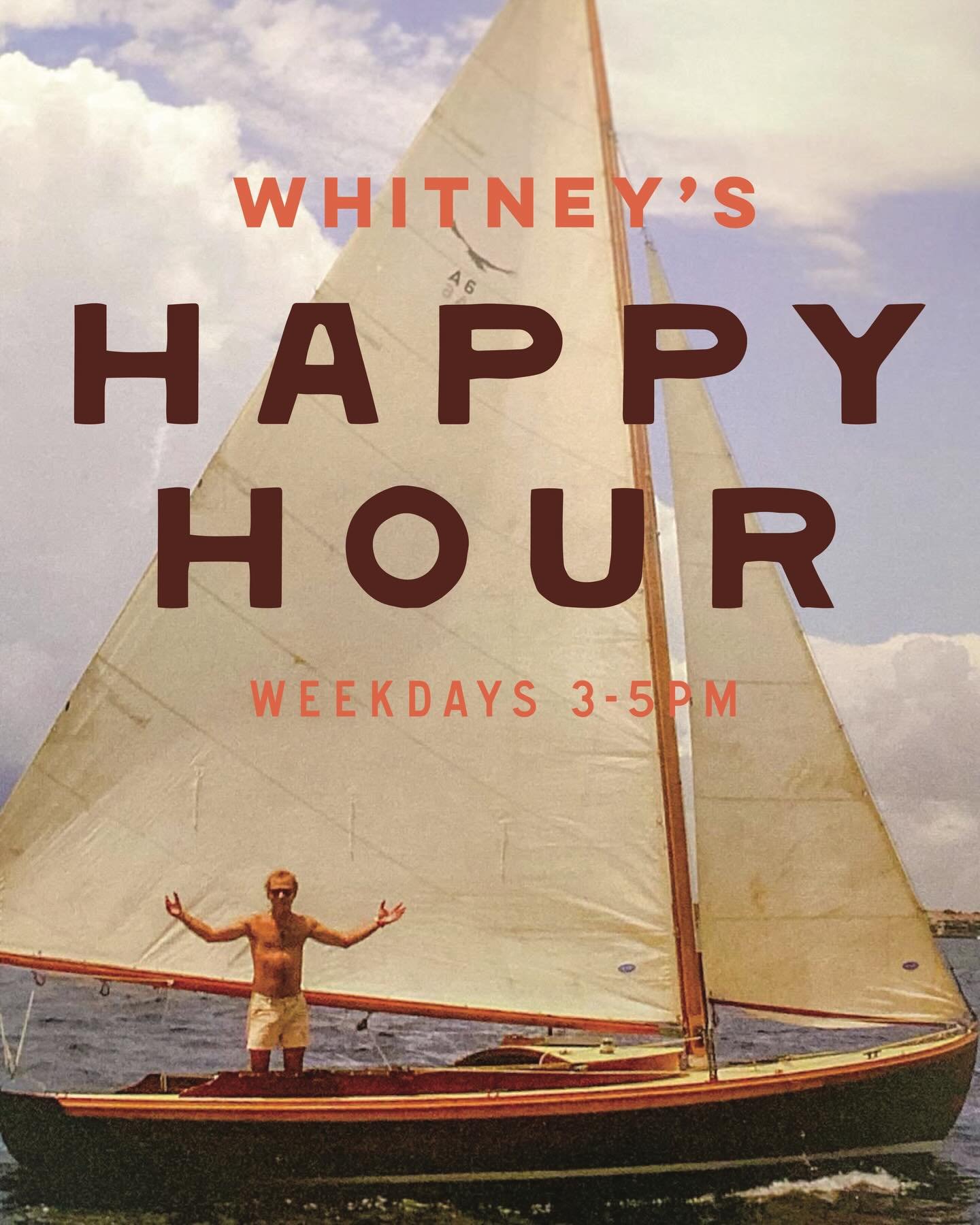 Weekday afternoons hit different by the water. Whitney&rsquo;s happy hour runs 3&ndash;5pm 🍹🌊 $9 cocktails, $5 drafts, wines by the glass, and $5 off appetizers!