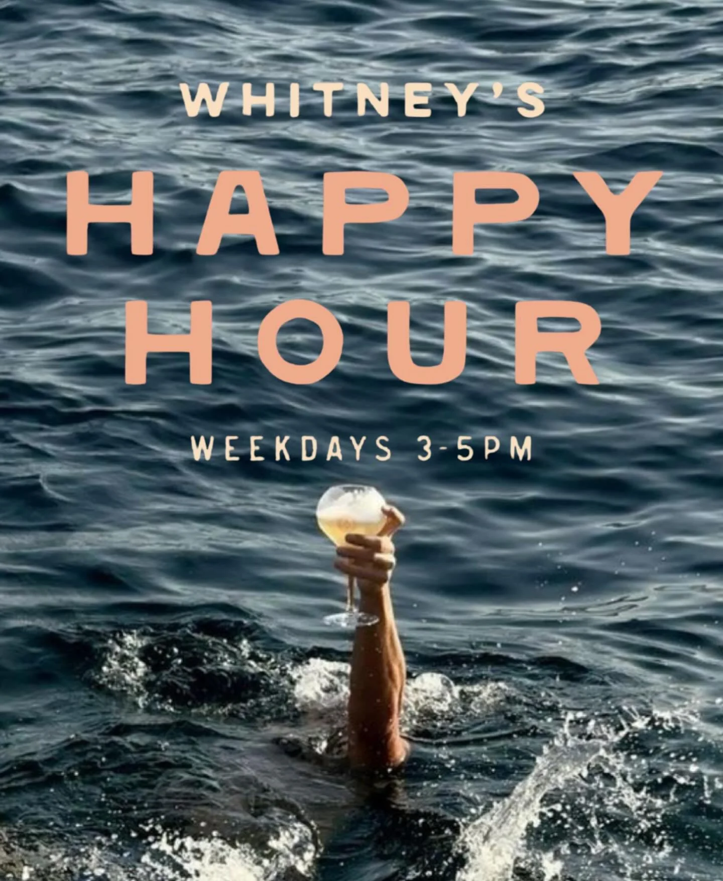 WHITNEY&rsquo;S HAPPY HOUR IS BACK 🍹🌴🌊
Weekdays from 3&ndash;5pm

Enjoy $9 signature cocktails, $5 draft beers, wines by the glass, and $5 off appetizers 🍤🍻🍷