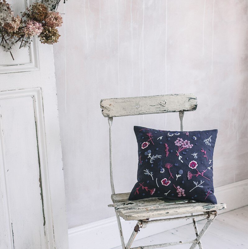 Ruth Eaton Meadow cushion, navy linen 1.jpg