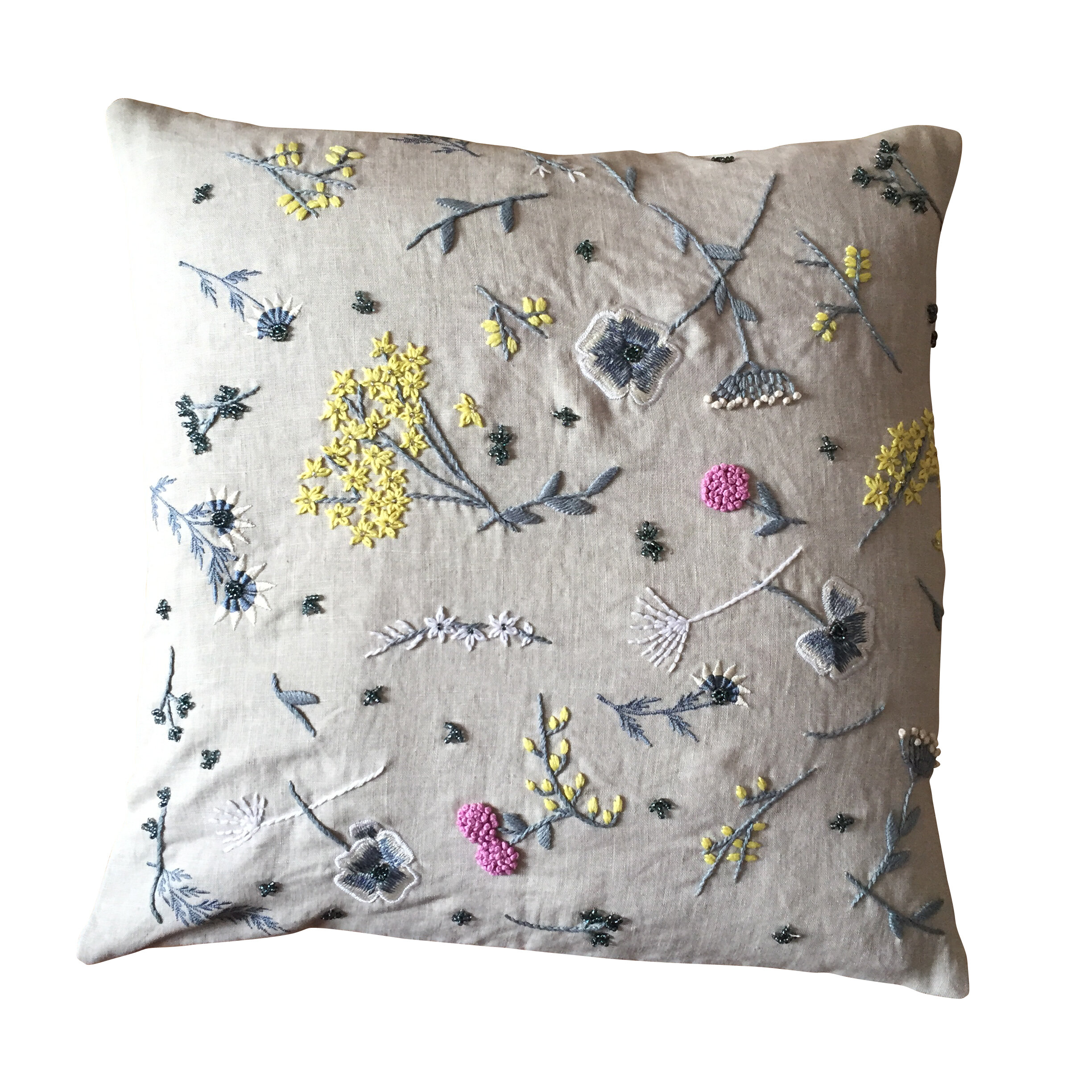 Ruth Eaton, Meadow cushion, Dove grey with pink, yellow, white embroidery