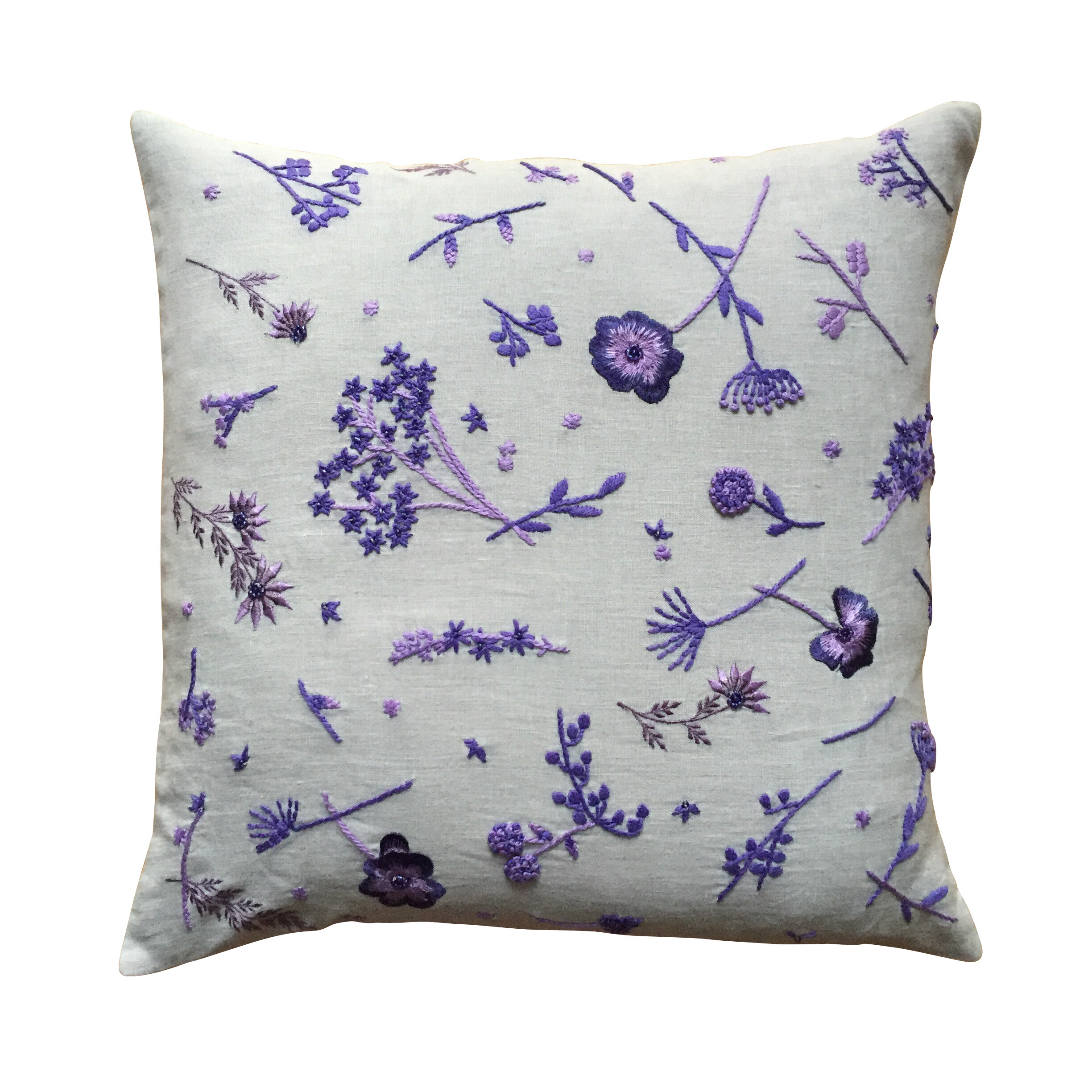 Ruth Eaton, Meadow cushion, Dove grey with purple, lilac embroidery