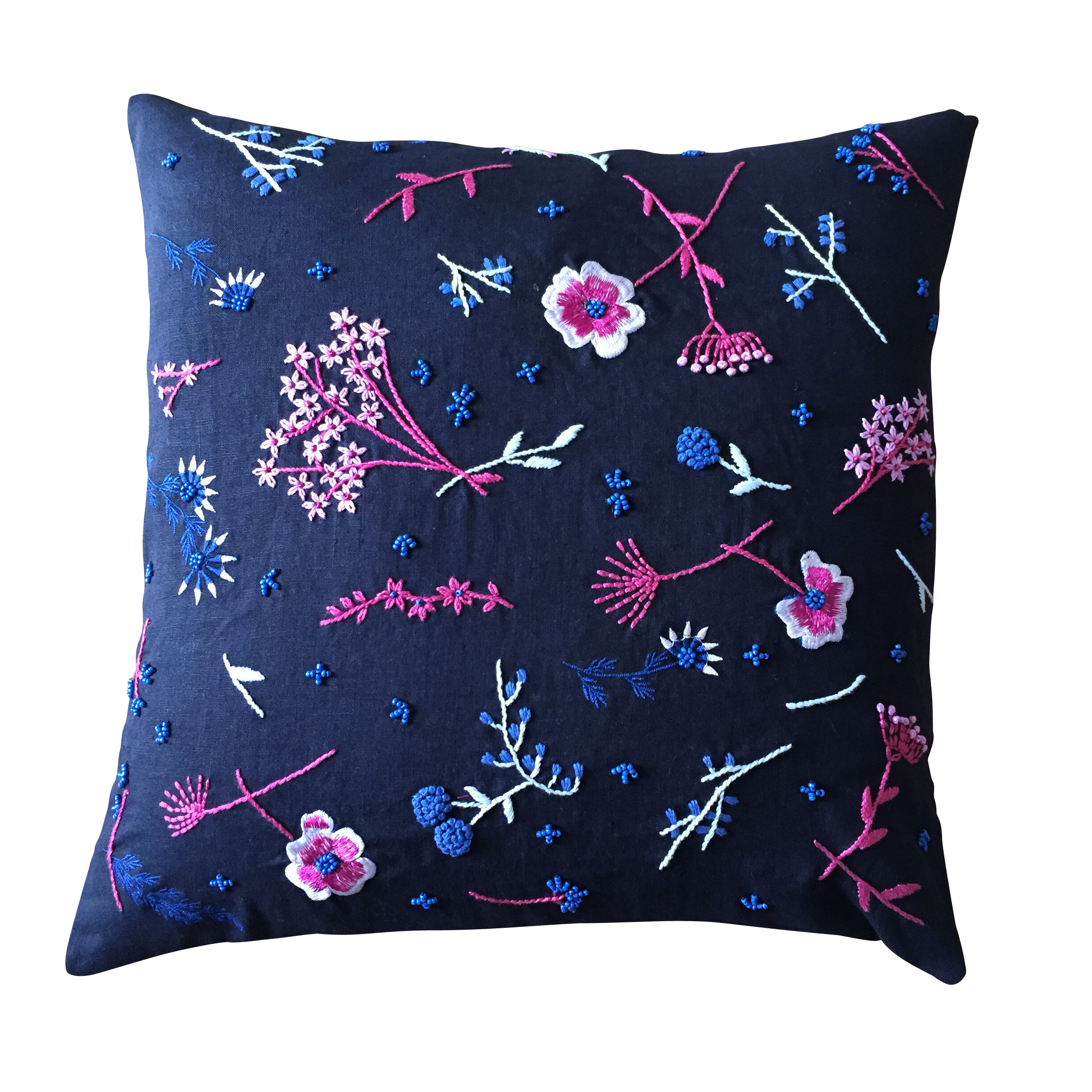 Ruth Eaton, Meadow cushion, Navy with blue, pink, white embroidery
