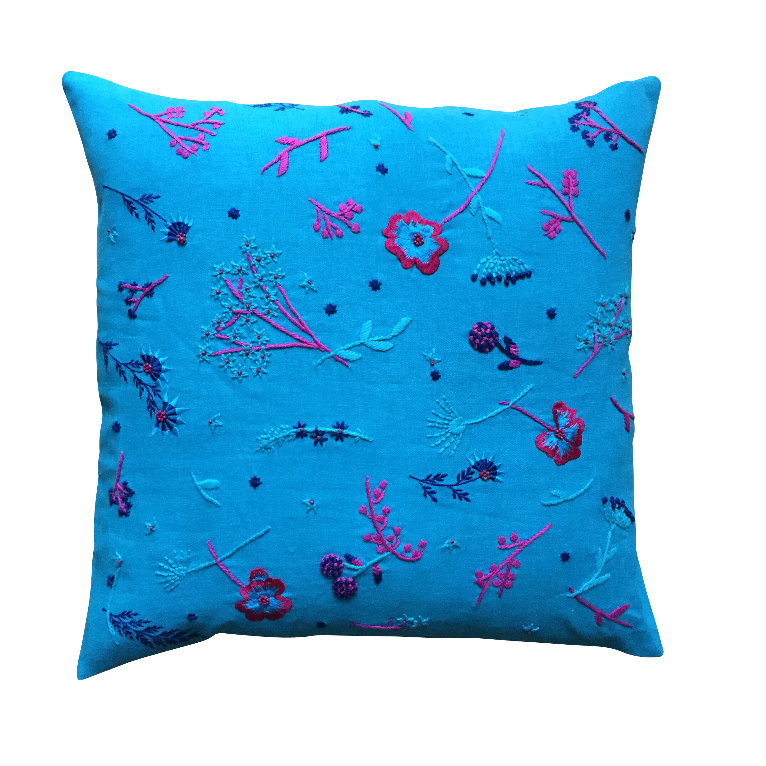 Ruth Eaton, Meadow cushion, Turquoise with blue, pink, turquoise embroidery