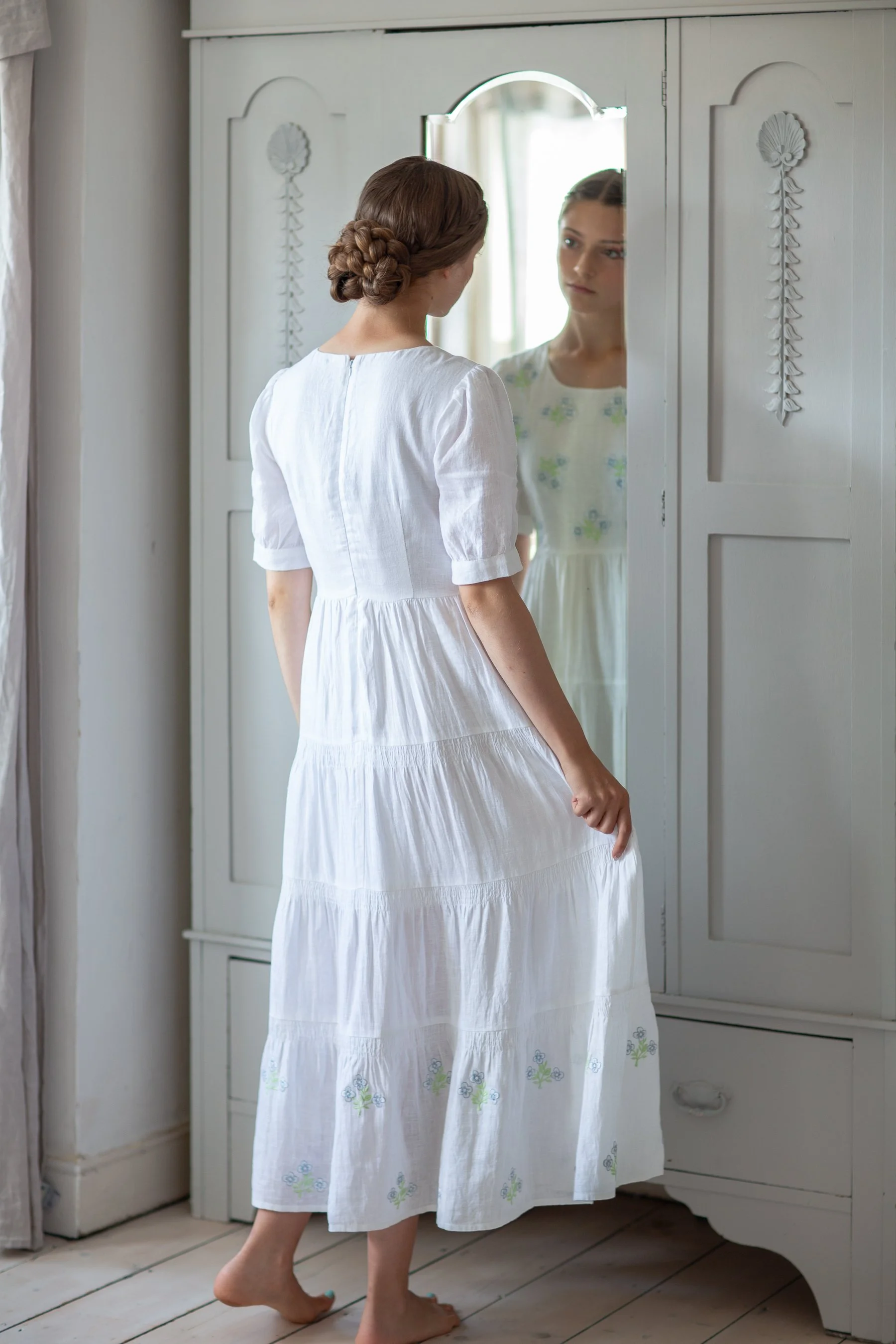 Ruth Eaton, Wood Nymph's Dress with Sprigs embroidery, blue and green on  white  RUTH EATON