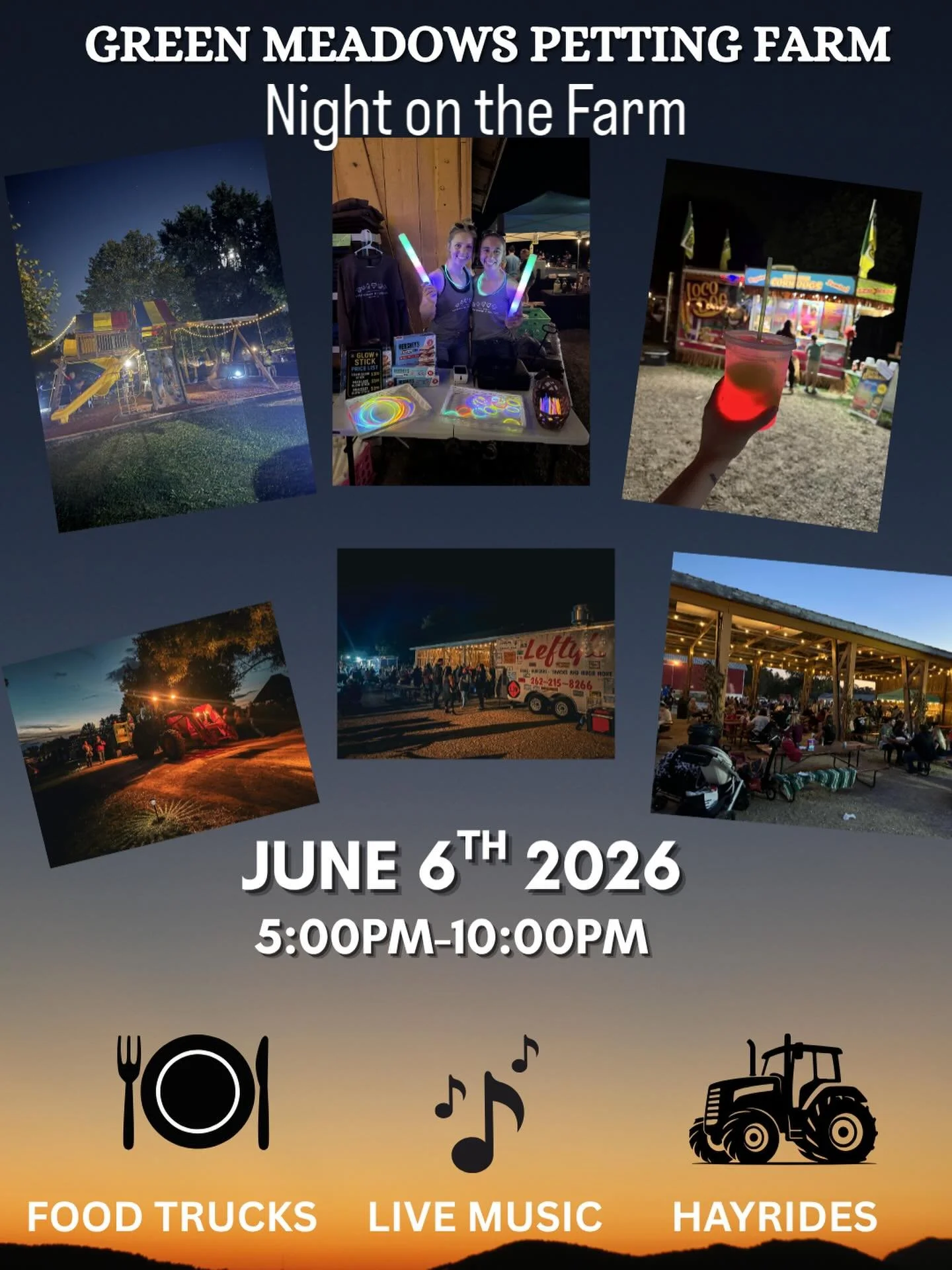 Join us for Night on the Farm! 
🐷🐮🐓🐂🫏

Saturday, June 6th 
5:00PM-10:00PM 

🎶 Live Music
🌭 Food Trucks
🚜 Hayrides in the dark 
🐮 And all of your favorite feathered and furry friends!

📍33603 High Drive East Troy