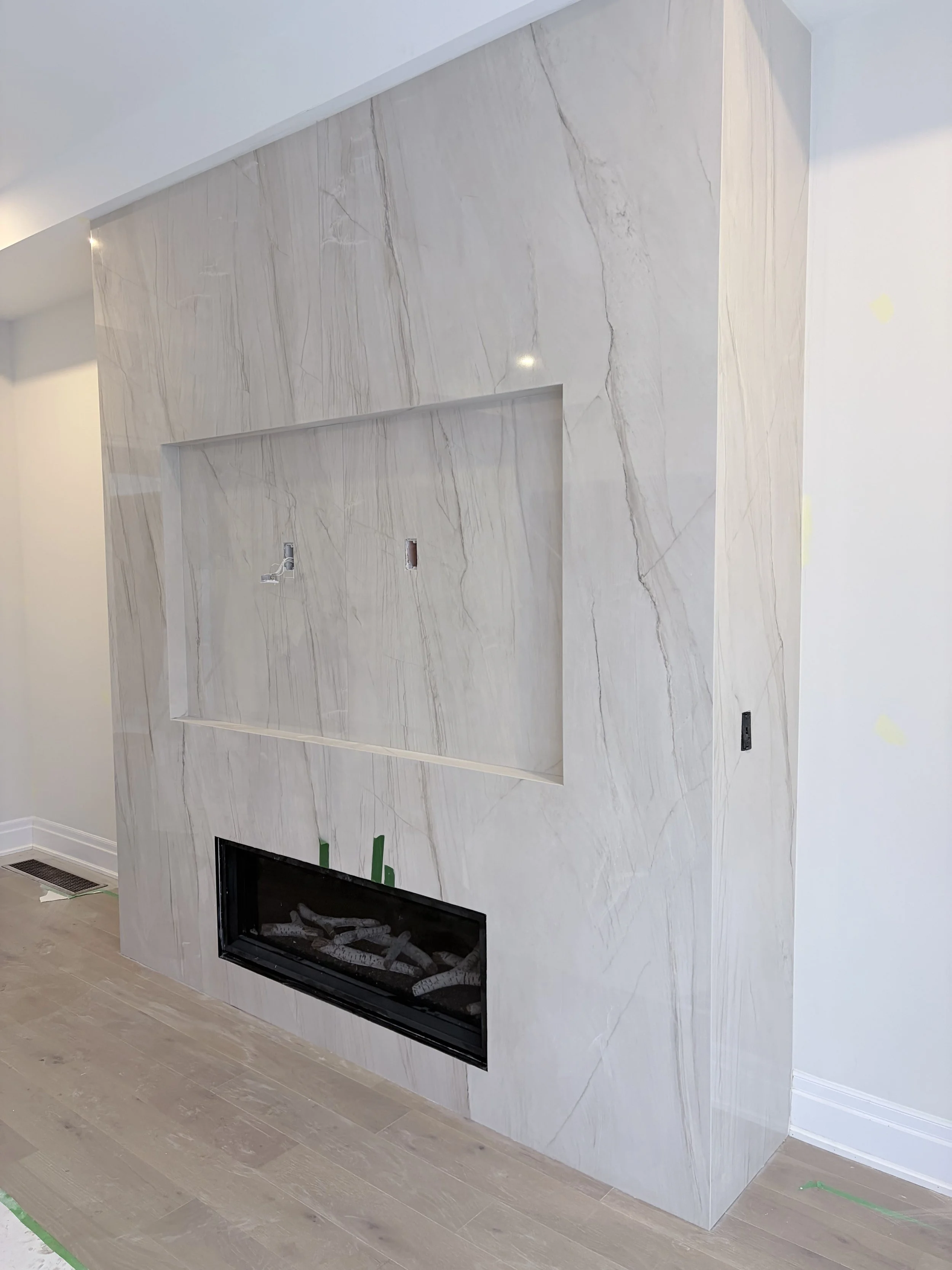 Slab tile fireplace
