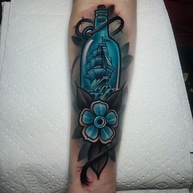 #repost @bendeadtattoos
・・・
Ship in a Bottle for Andrea!
Made with @stencilstuff @redemptiontattoocare @quickcaps 
For booking please fill out the contact form on my website benamostattoos.com
.
.
.
.
.
.
.
#tattoo #tattooartist #benamostattoos #tatt
