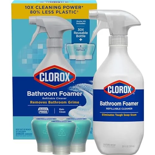 Clorox Bathroom Foamer Refillable Cleaner, Household Essentials, 1 Bottle and 3 Refill, Rain Clean, 1.13 Fl Oz.jpg