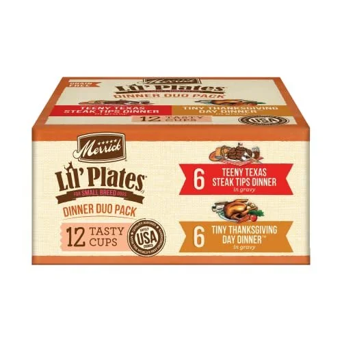 Merrick Lil' Plates Teeny Texas Steak Tips Dinner and Tiny Thanksgiving Day Dinner Duos Variety Pack, 3.5 Oz., Count of 12.jpg