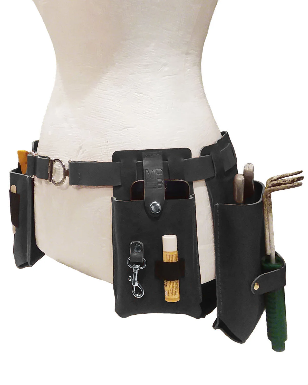 Not So Pansy Gardener's Tool Belt in Black Leather with Silver Buckle Front Left Pocket