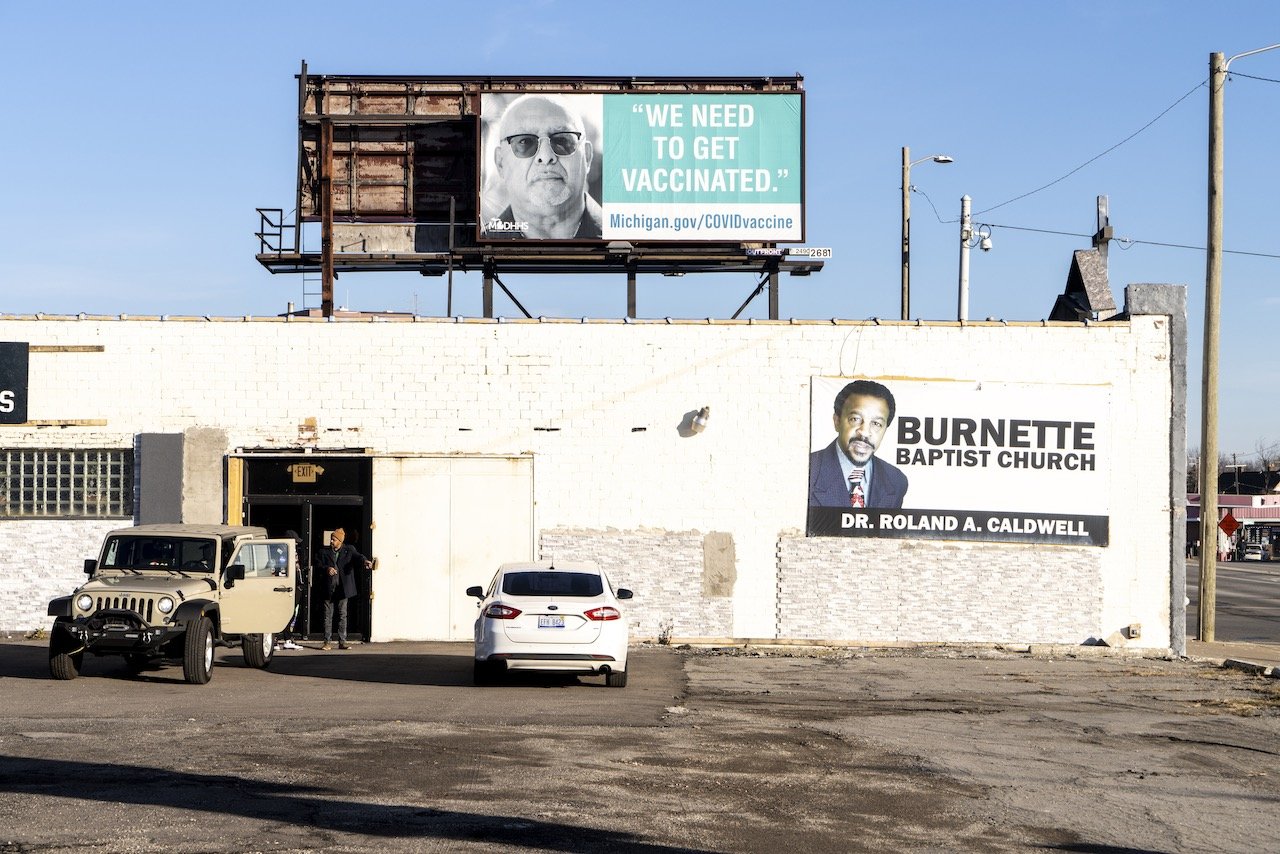 Vaccination billboard, 28th St. at West Warren Ave., Detroit, December 20, 2021.