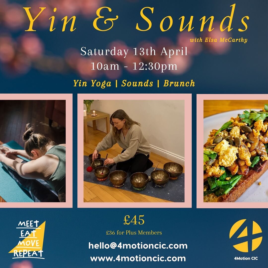 🟣 YIN &amp; SOUNDS WORKSHOP with BRUNCH
Saturday 13th April
10-12:30pm
Studio

Join Elsa for a rejuvenating Yin and Sound Bath Workshop with Brunch on Saturday 13th April, 10-12:30pm. Experience the powerful synergy of Yin Yoga and sound healing as 