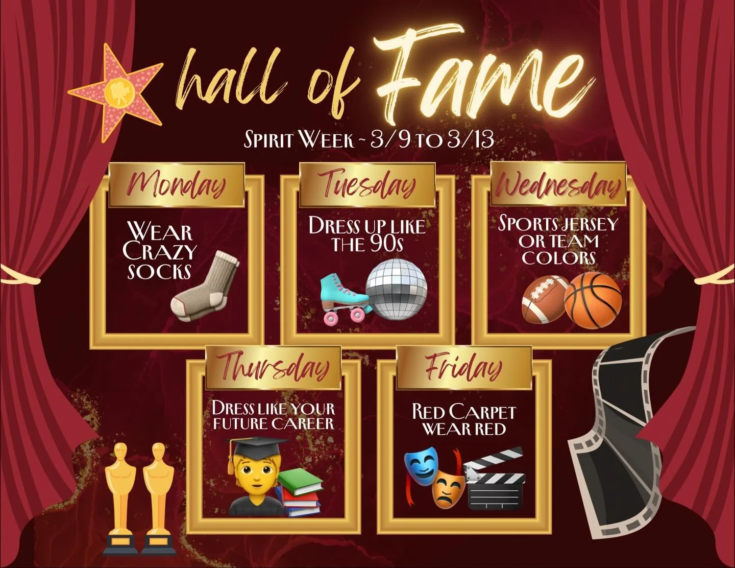 HEYYY Tino!

Buckle up for a week of GLAMOUR as the Hall of Fame rally approaches! Here are the Spirit days for this week:

Monday: Crazy Sock Monday 🧦
Tuesday: Timeless Tuesday (style from the 90s / 9000s 🤖⏳)
Wednesday: Jersey Day (favorite jersey