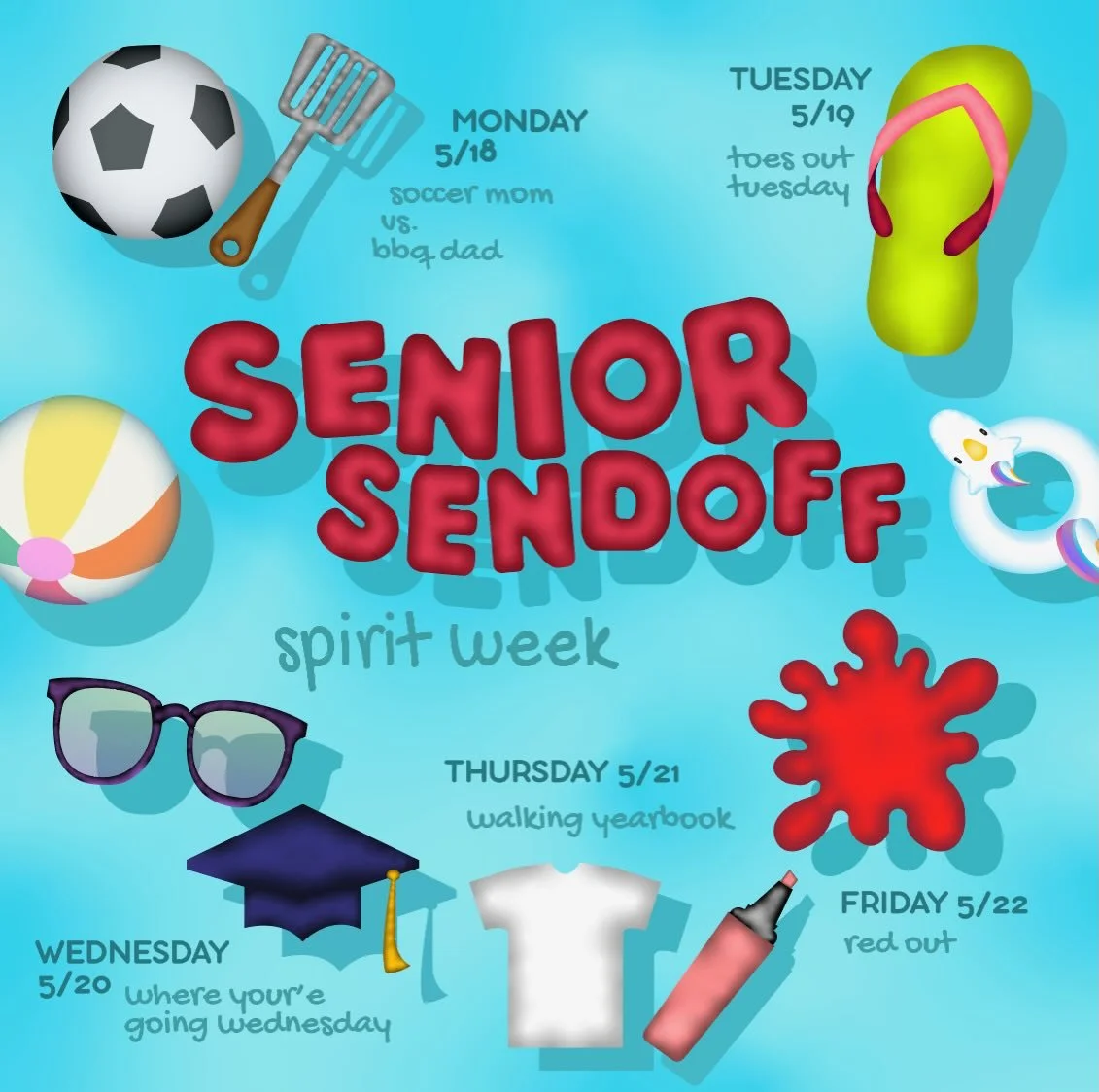 HEYYY TINOOO,
This week is our Senior Sendoff Week, starting Monday the 18th, to Friday May 22nd!! Dress up for each day with your friends to show support to all of our seniors!!

Monday: Soccer moms vs BBQ dads 🥩⚽️

Tuesday: TOES OUT TUESDAY🦶🦶

W