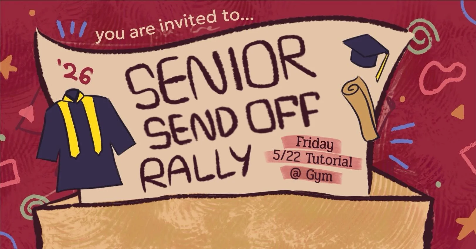 Hey Tino! Come out to the Senior Sendoff Rally THIS Friday during tutorial in the Gym, to celebrate the graduating class of 2026!

&iexcl;Hola, Tino! Ven al Rally de Despedida de los Graduandos ESTE viernes, durante el periodo de tutor&iacute;a, en e
