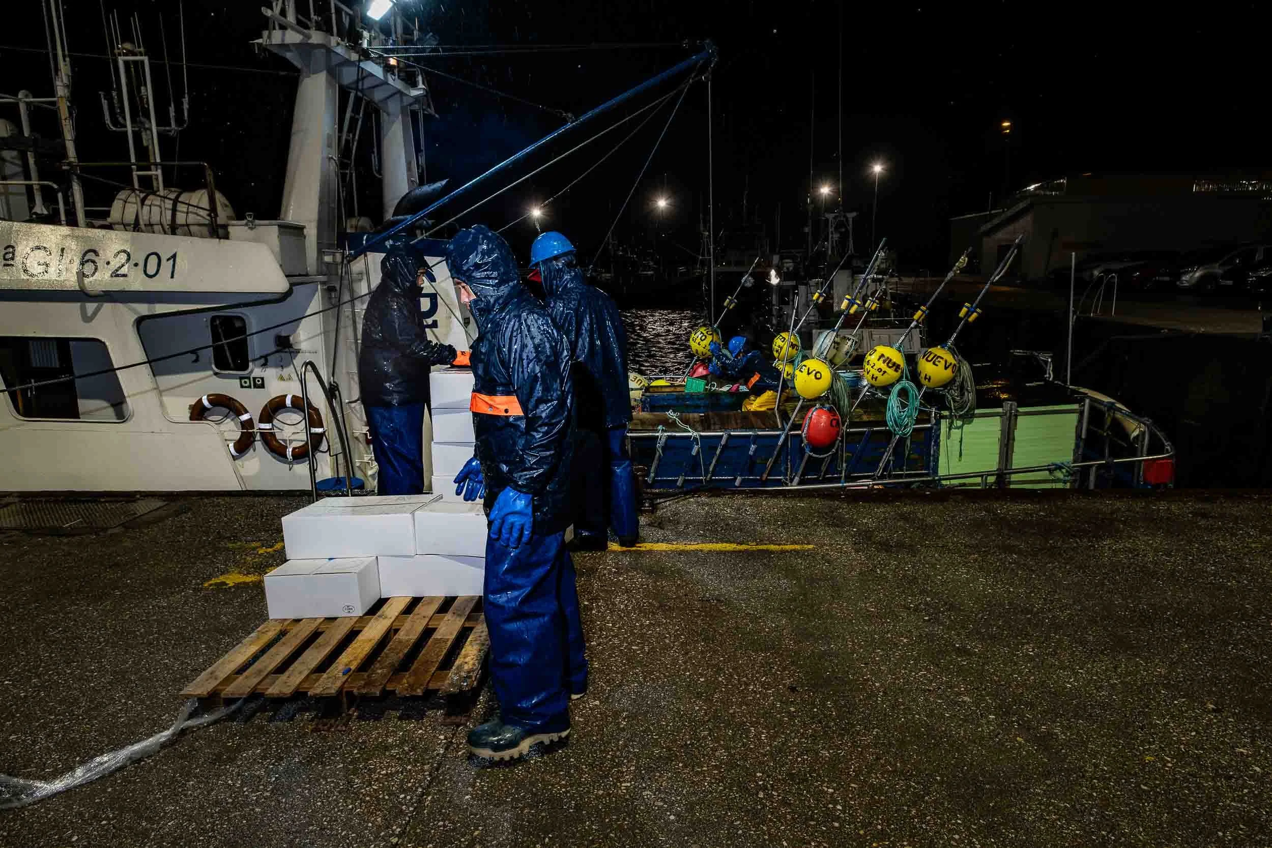 Grúa del puerto izando cajas de pescado fresco desde la bodega del barco Breso Uno, asociado a la OPP-7.