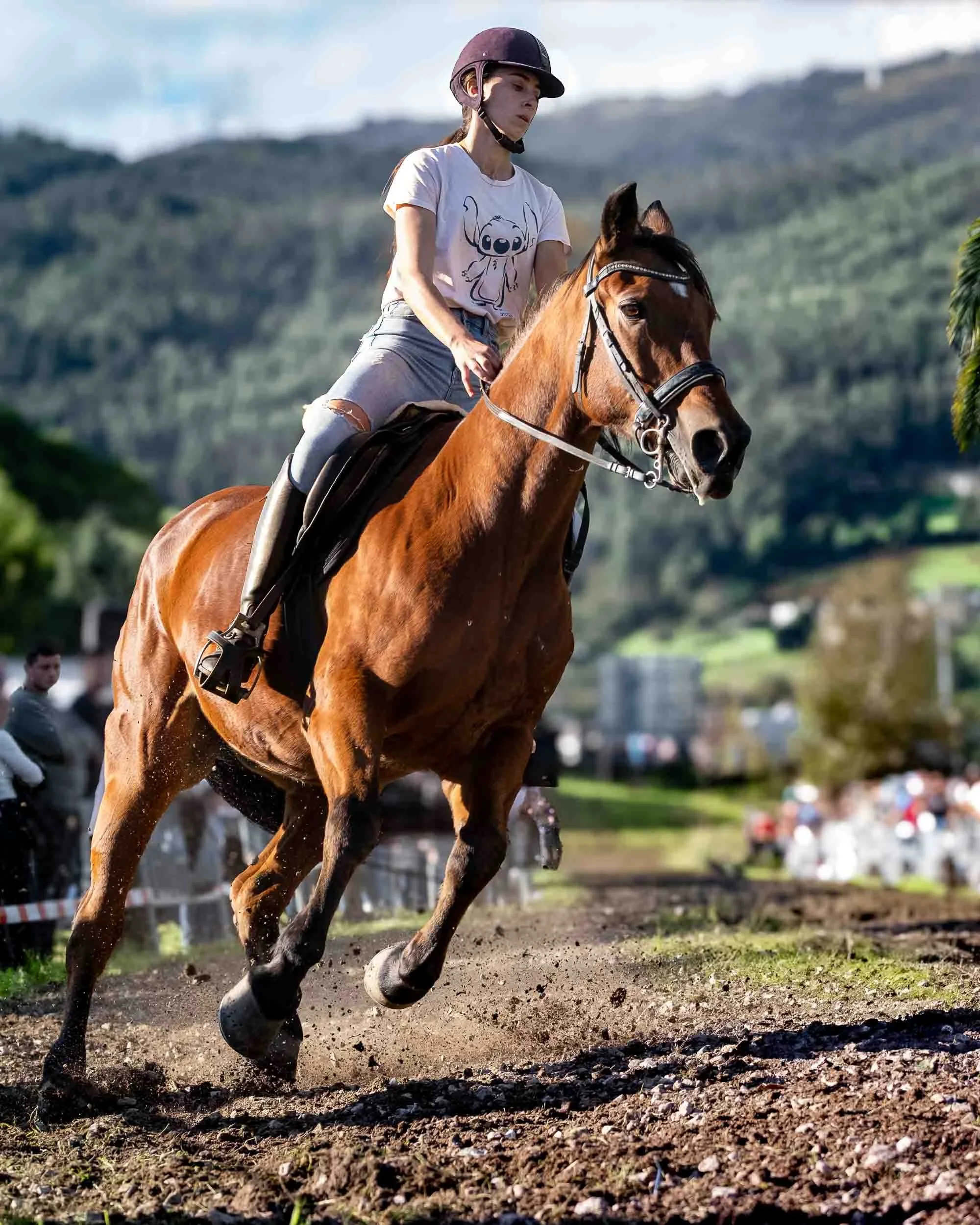 Retrato de acción de un jinete montando un caballo durante la feria de As San Lucas. Enfoque dinámico que captura la simbiosis entre el jinete y el animal en el entorno de Mondoñedo.