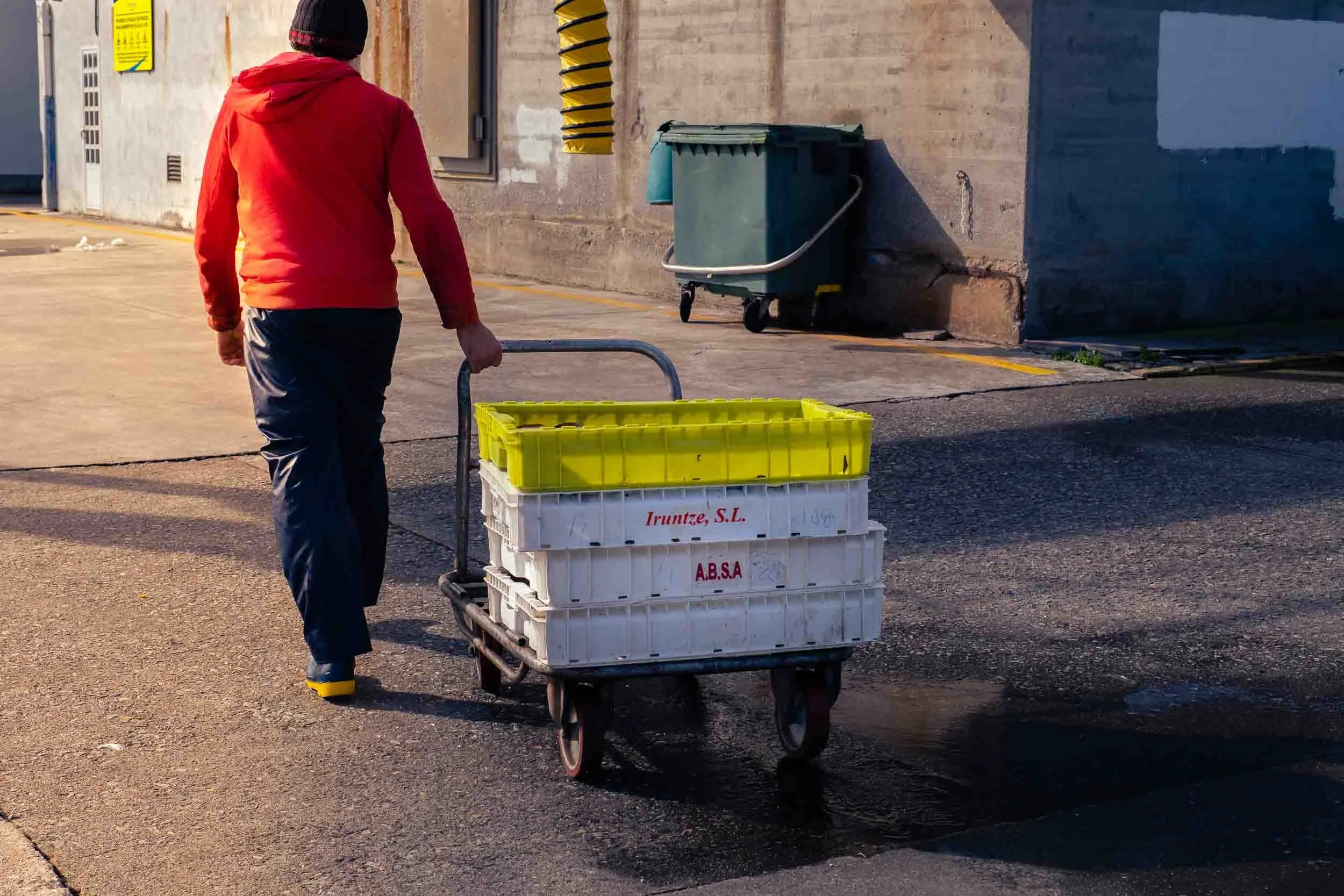 Cajas de pescado de artes menores apiladas y transportadas para la subasta en la Lonja de Cedeira.