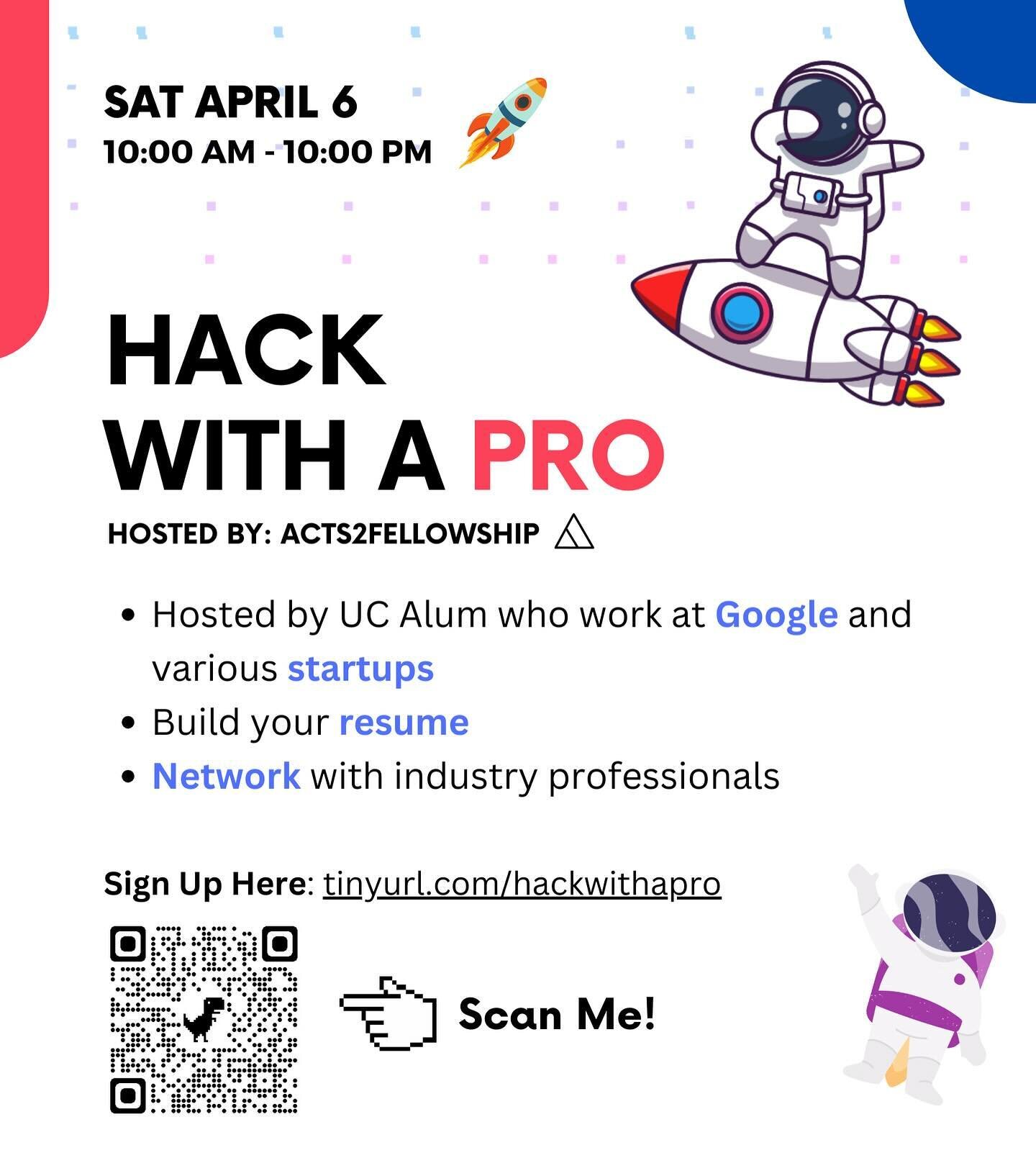 Launching our second-ever &lsquo;Hack with a Pro&rsquo; on April 6th! Dive into a day of coding and innovation alongside industry experts from companies like Google and beyond. Whether you&rsquo;re aiming to solve complex problems or just looking to 