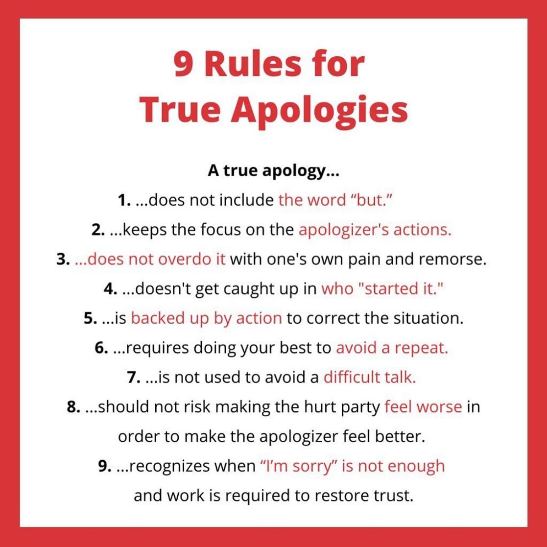 We all mess up in relationships! We say and do regretful things.  Learn to get comfortable at acknowledging that you did so and the hurt that caused your partner 😕
The power of a true heartfelt apology cannot be underestimated. Take note 📝 and lear