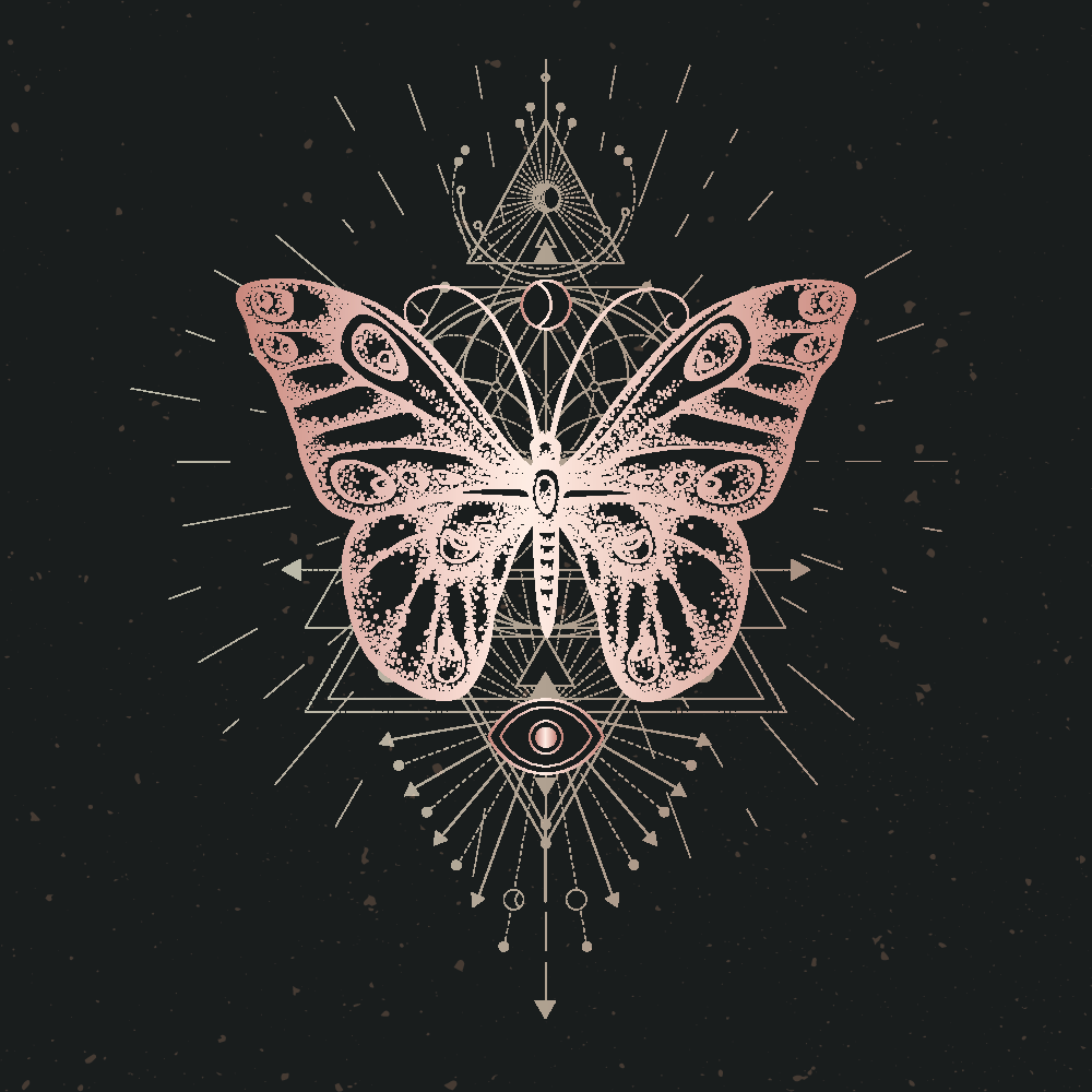 A pink line art butterfly with geometric patterns, placed centrally on a black background with abstract geometric and cosmic designs radiating from behind it.