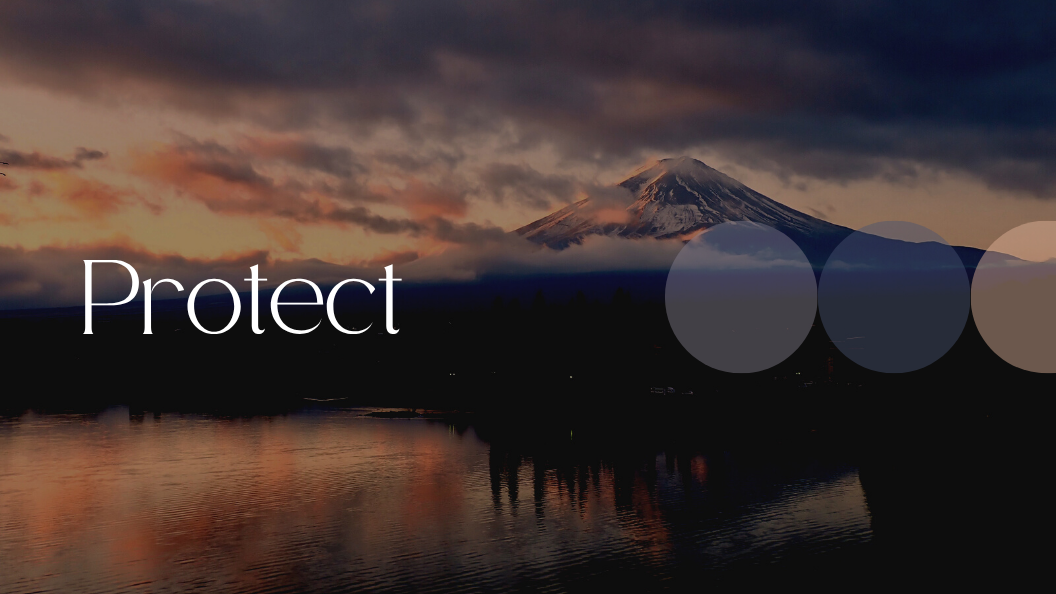 A scenic landscape of a snow-capped mountain, likely a volcano, behind a lake with a reflection of the mountain and a colorful sunset sky. The word 'Protect' is overlaid on the image.