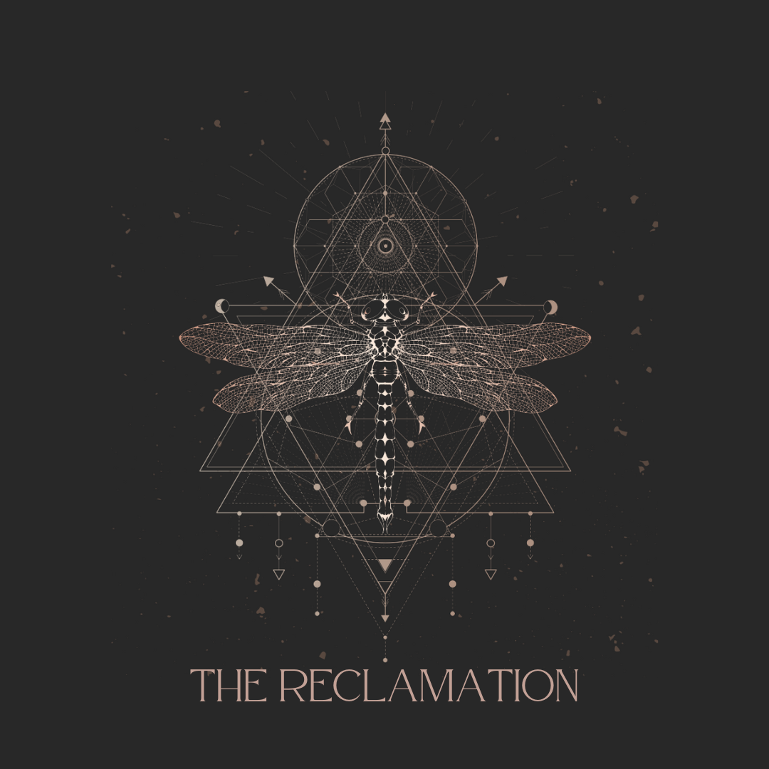 A geometric illustration of a dragonfly with outstretched wings, combined with sacred geometry shapes and patterns, on a dark background with small specks. Text at the bottom reads "THE RECLAMATION."