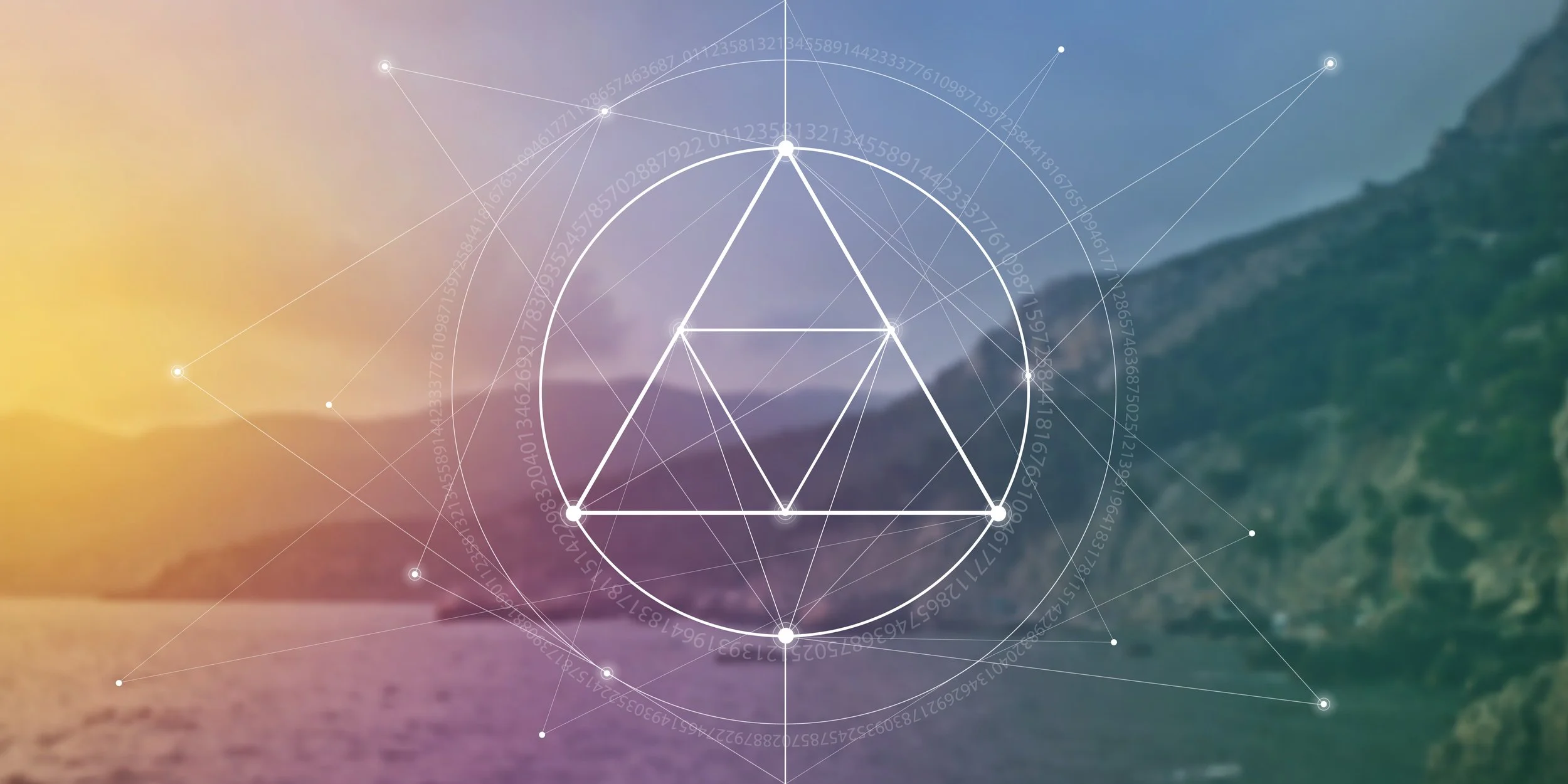 A geometric and mathematical digital overlay on a landscape photo of mountains with a gradient sky blending from yellow to purple to blue.