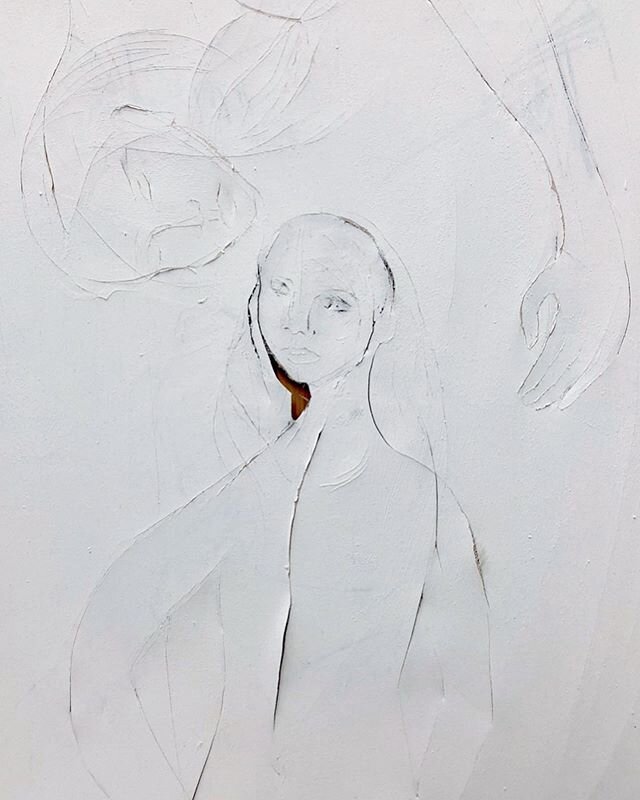 Work in Progress. THE last thing I was working on before the official eviction notice from RCA. A reflection on the impact of anxieties and self-stabilizing pressures for mental health .
.
.
.

#workinprogress 
#knifepainting
#figurativeart 
#unconsc