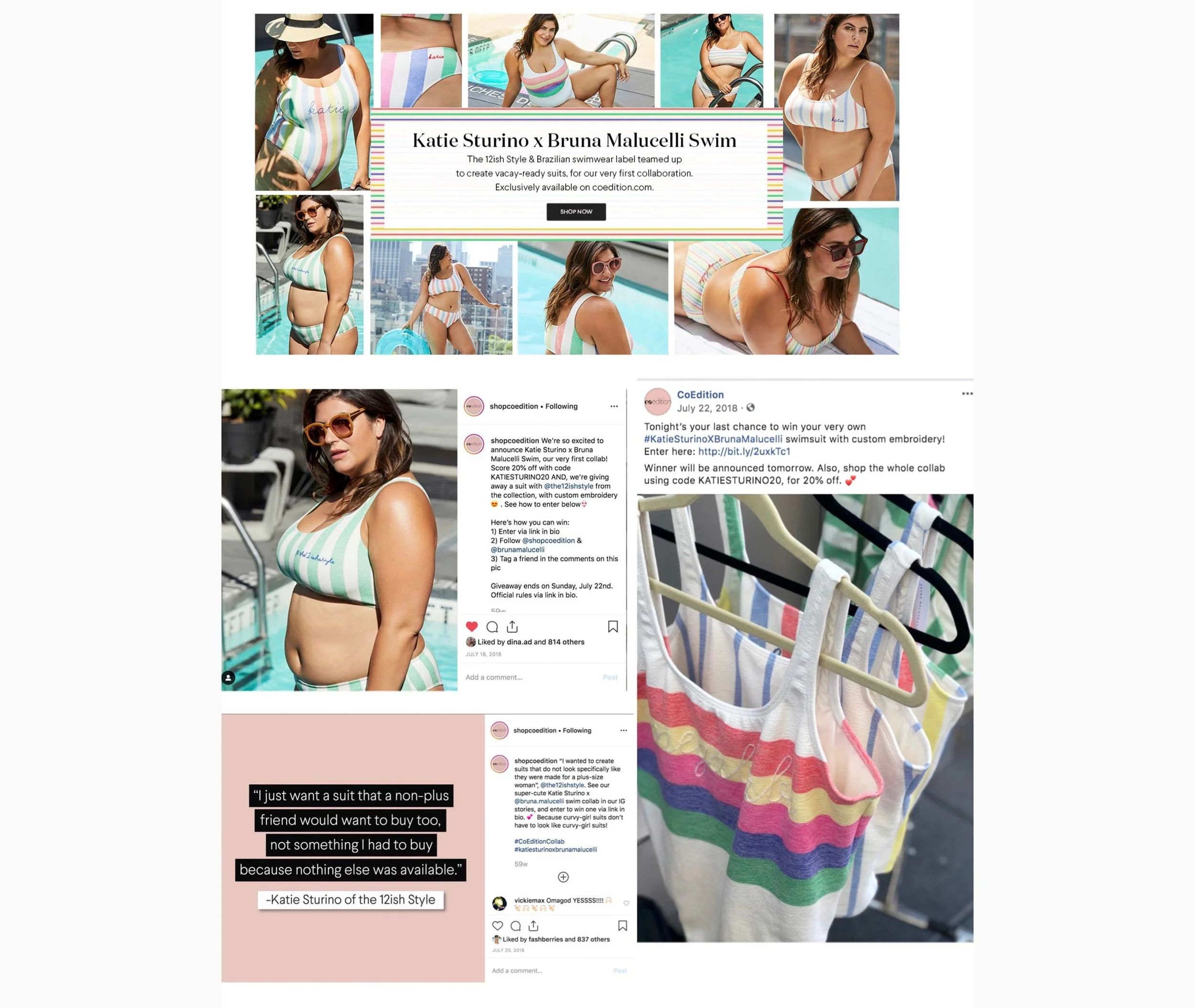Campaign: Katie Sturino x Bruna Malucelli Swimwear launch across the homepage and social media.