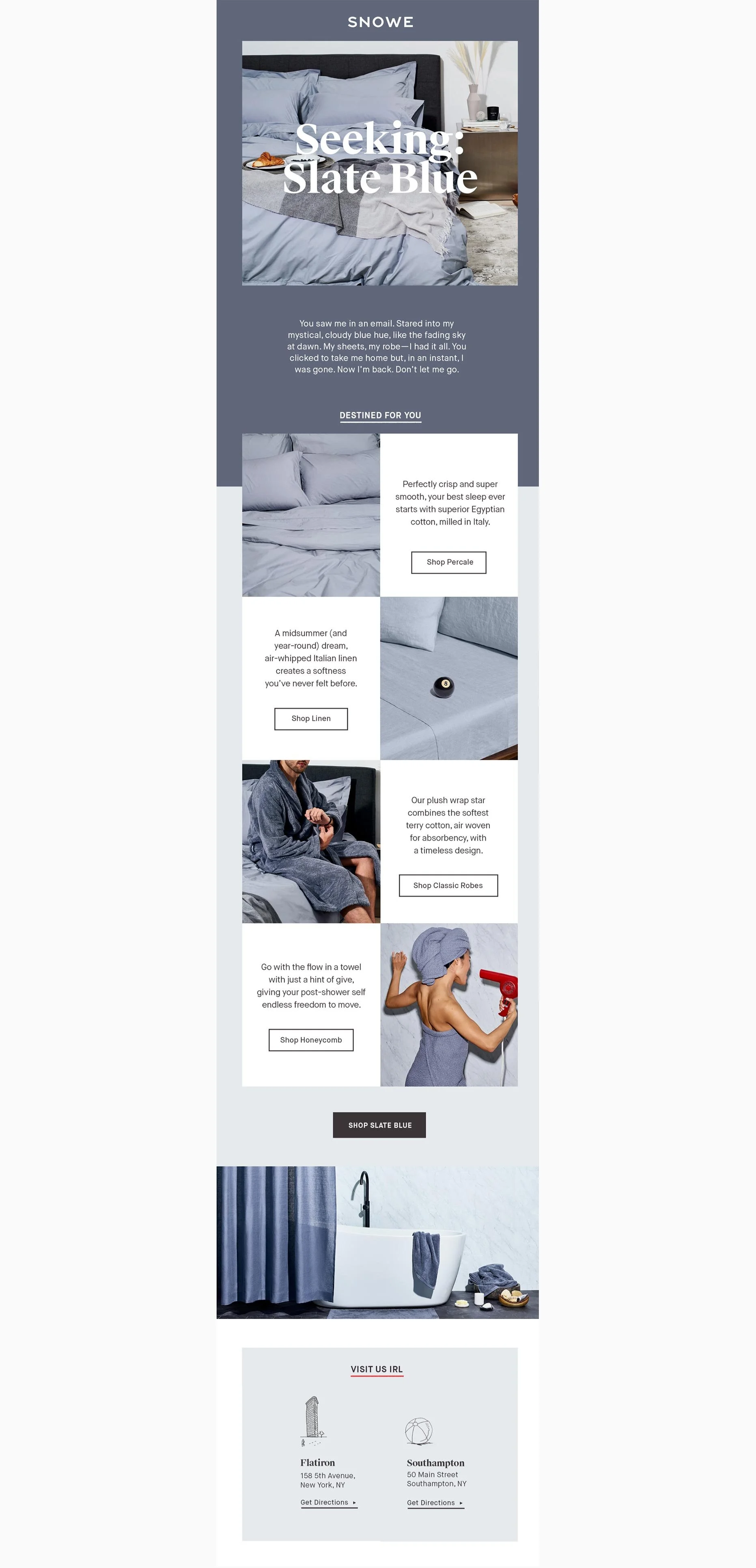 Email: Back-in-stock message for Slate Blue products, posing as a sort of missed connections ad.