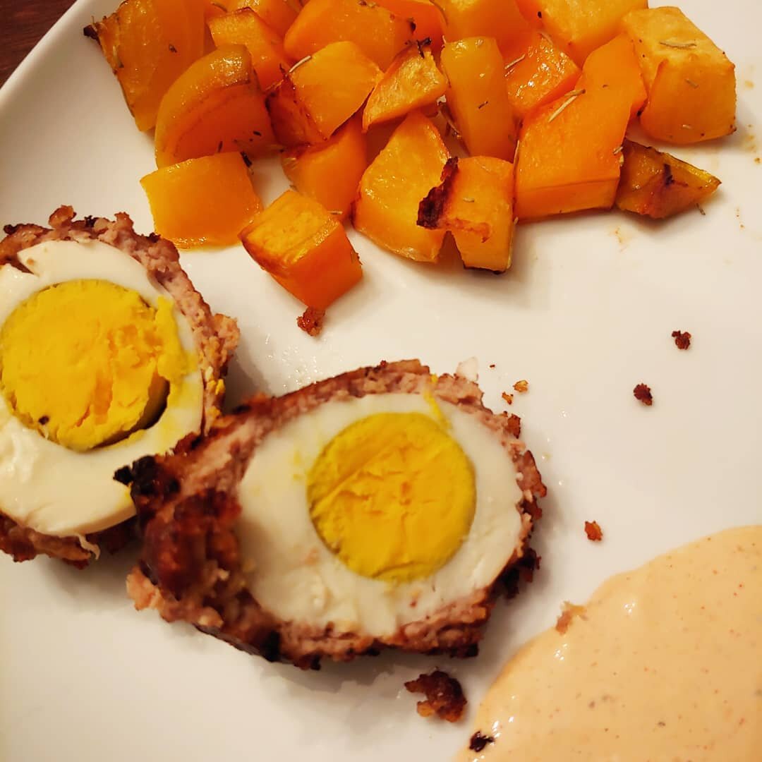 Simple farm inspired dinner. Scotch eggs made with farm fresh eggs and a remolaude sauce.  Roasted vegetables of rutabaga, butternut squash, and golden beets. 
.
.
.#suppertime #heartymeal #homemadefood #nourishingfood #whatsfordinner #dinnertime #ea