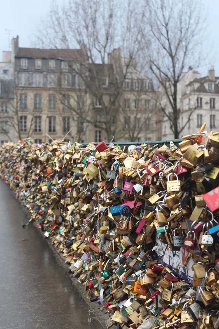Love locks covering Pont de l'Archevêché in Paris near Notre-Dame Cathedral.