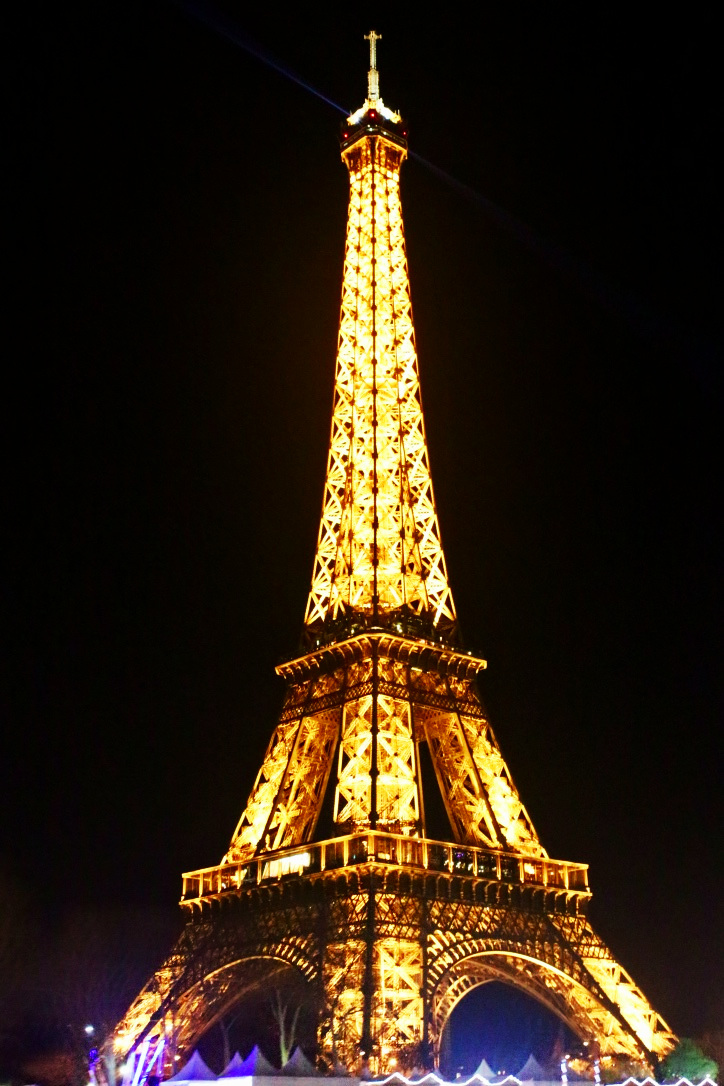 The Eiffel Tower illuminated at night during a Seine River cruise in Paris.