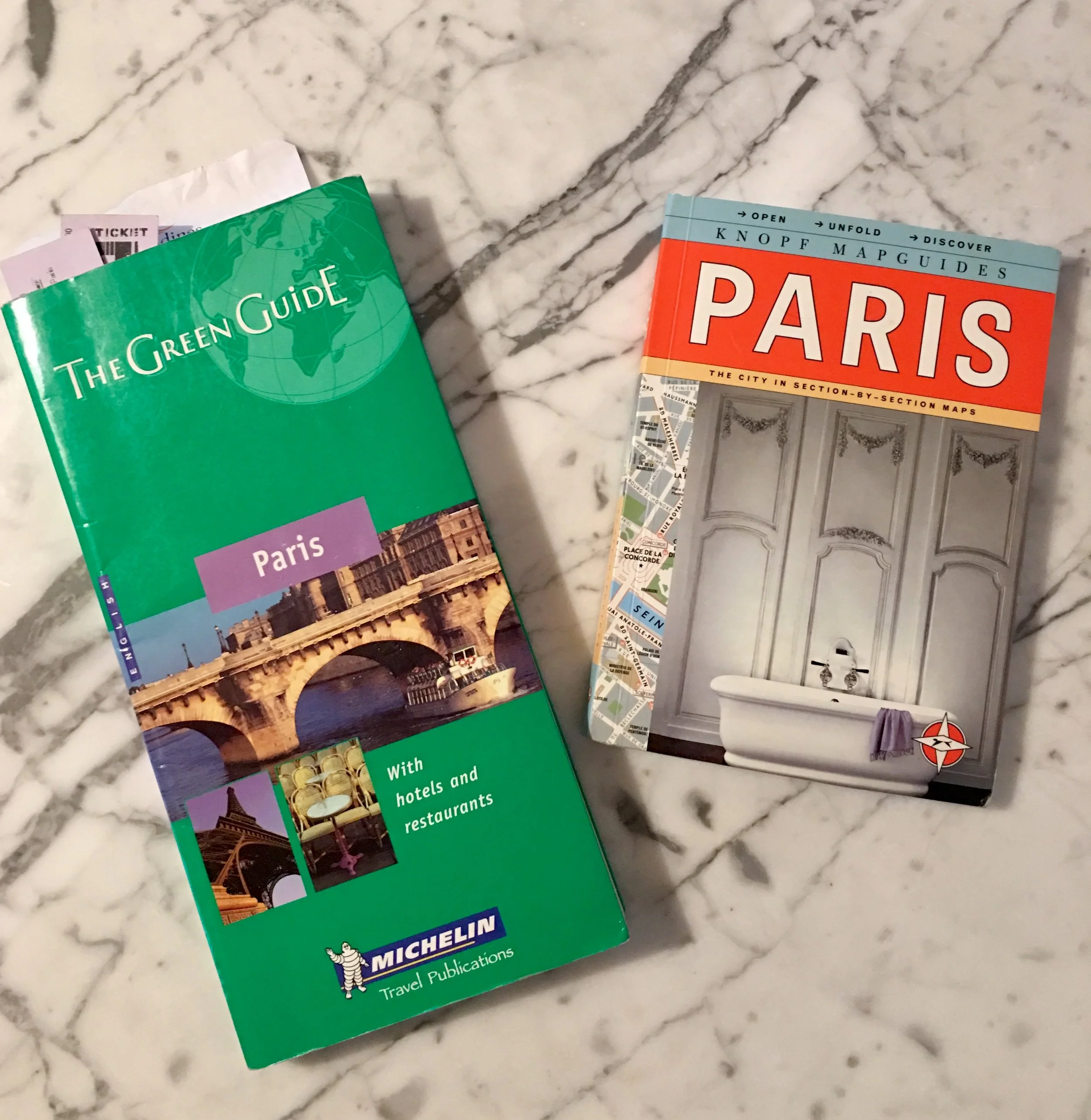 Michelin Green Guide Paris and Knopf MapGuides Paris travel books.