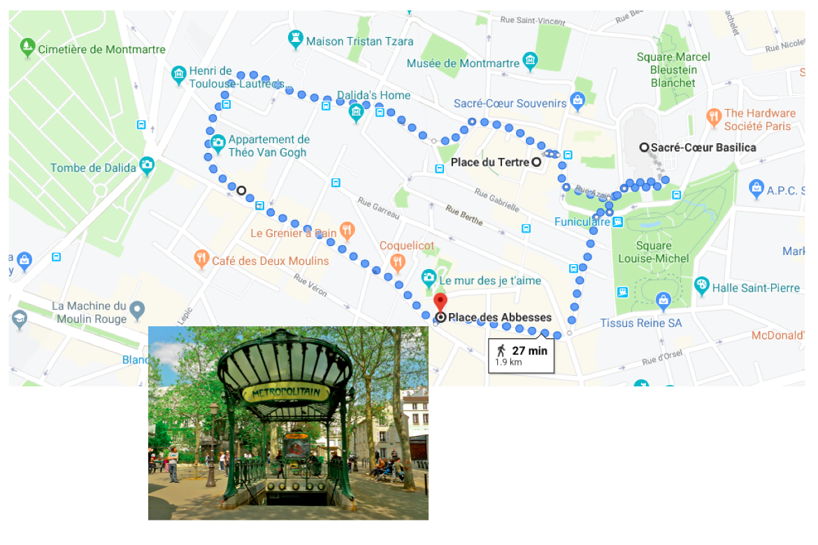 Montmartre walking route from Abbesses through Place du Tertre to Sacré-Cœur Basilica in Paris.