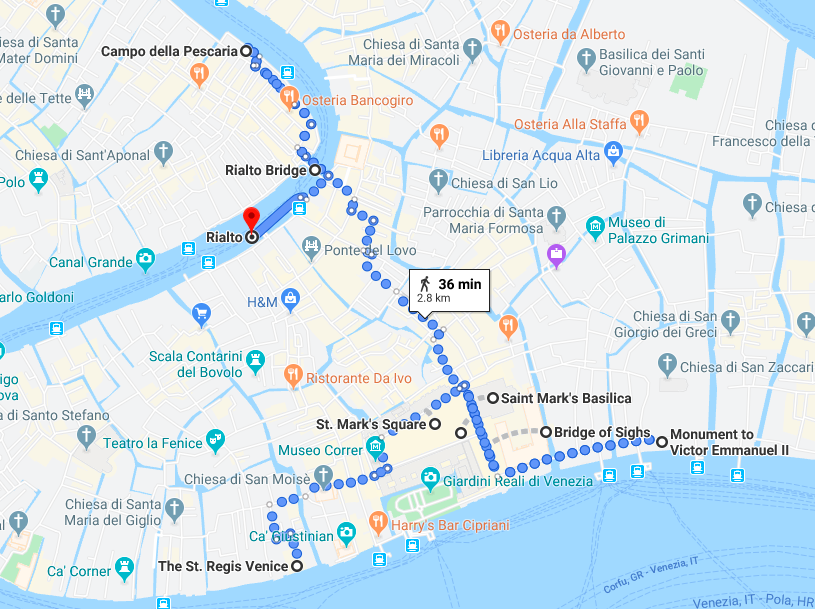 Day 1 Venice walking itinerary from The St. Regis to St. Mark's Square, Bridge of Sighs, Rialto Bridge and Rialto Market