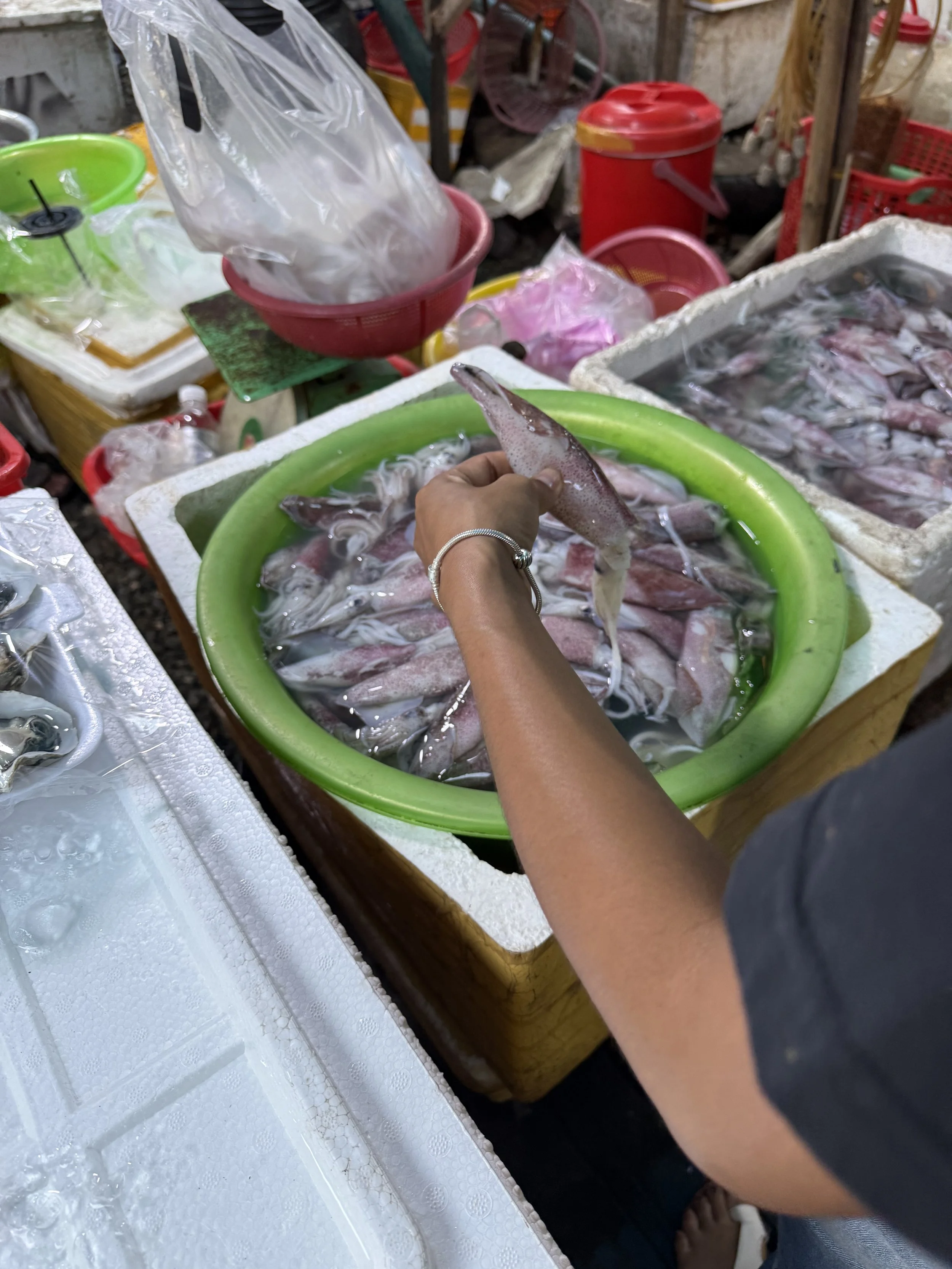 Freshly caught prawns on display at the Kep Crab Market