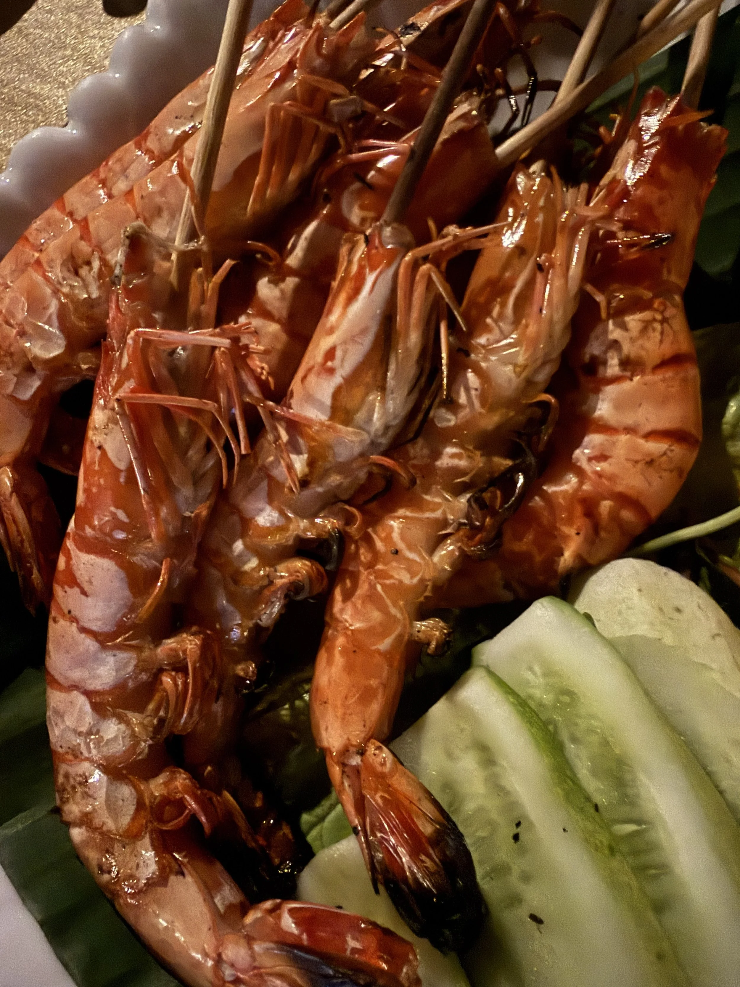 Fresh grilled prawns at Kimly Restaurant at the Kep Crab Market