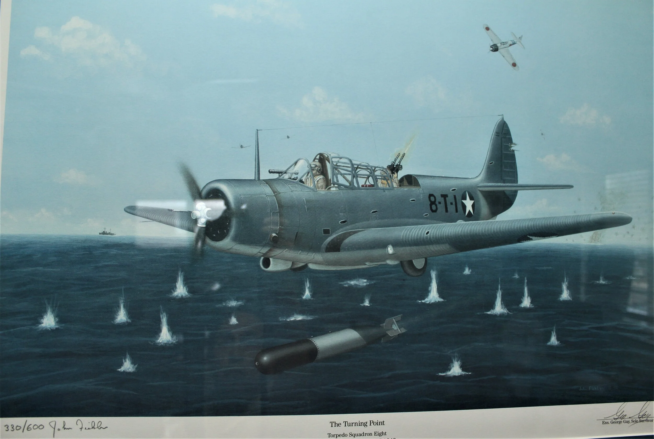  Ensign Gay's DEVASTATOR at Midway; his gunner had been hit and was either dead or unconscious when Gay dropped the torpedo. Gay was the last one in the air of the 15 from Torpedo Squadron 8  Only others dropped their torpedoes. the Devastator wheels