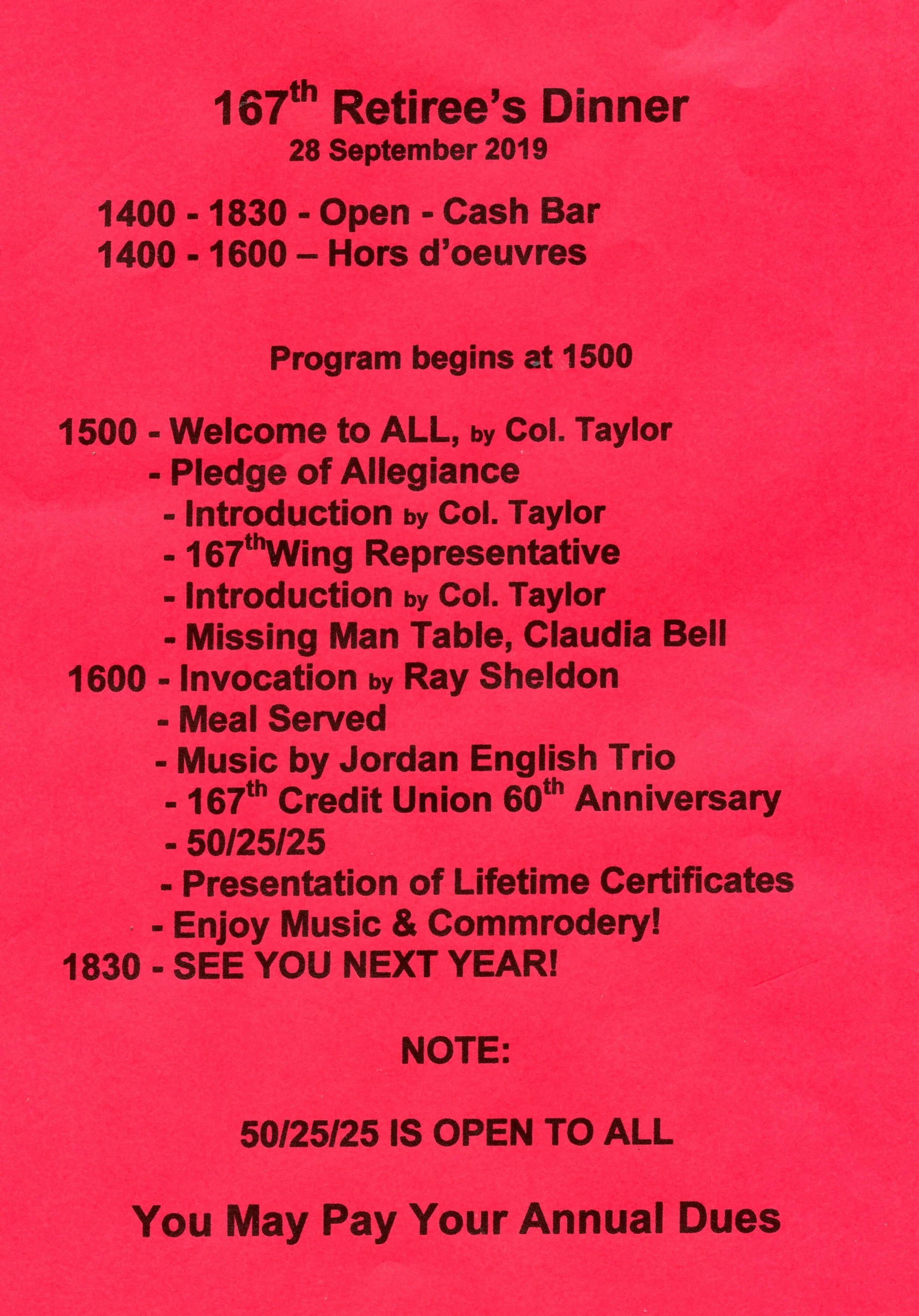  167th Dinner itinerary 