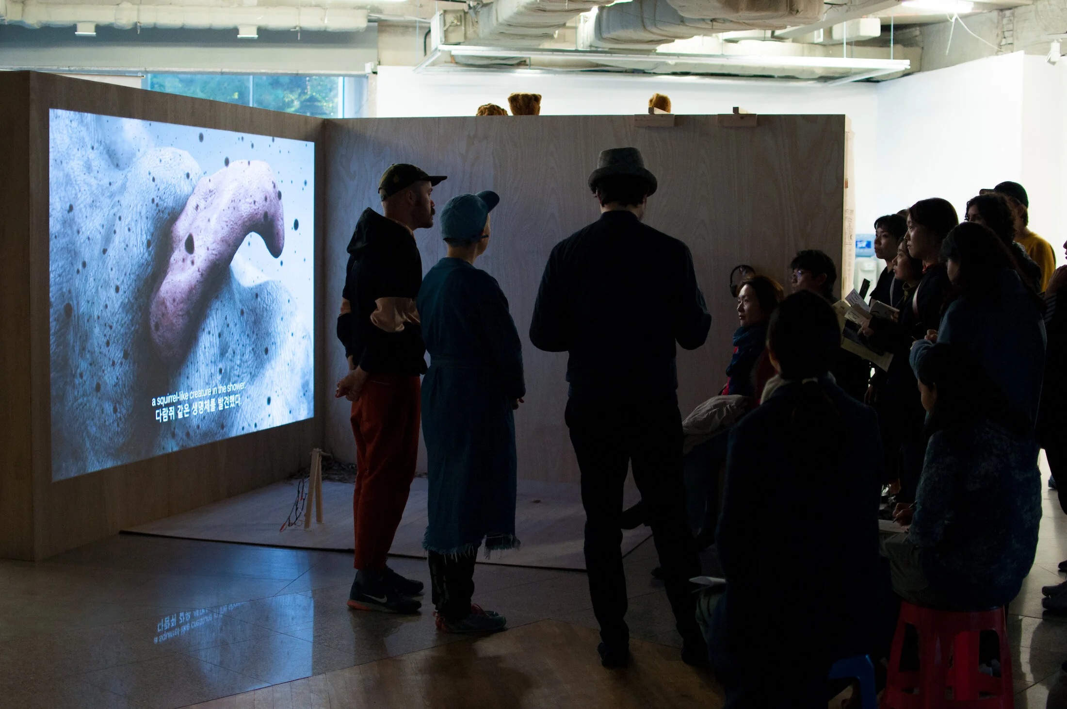  nabbteeri, ‘Thinking of Invertebrates’. Video installation with drawings, textiles, sea sponges, debris found from the museum’s surroundings during the installing, and other materials. 2017. Photo: Salla Lahtinen/ HIAP. 