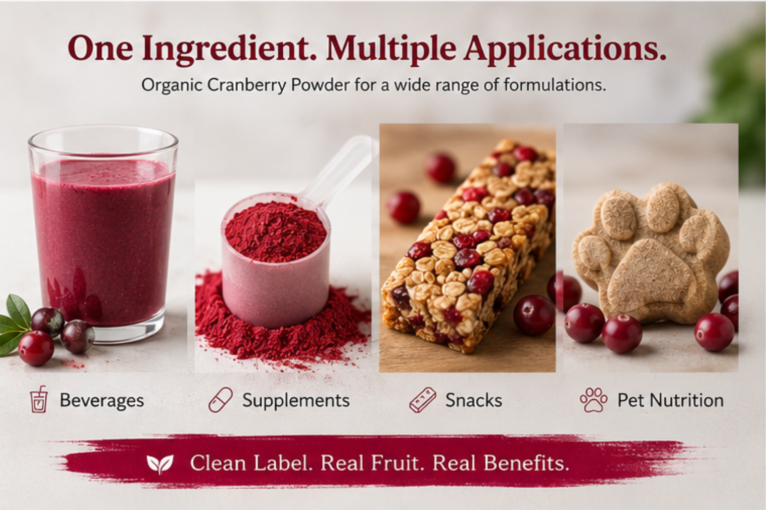 Organic Cranberry Powder applications across beverages, supplements, snacks, and pet nutrition products.