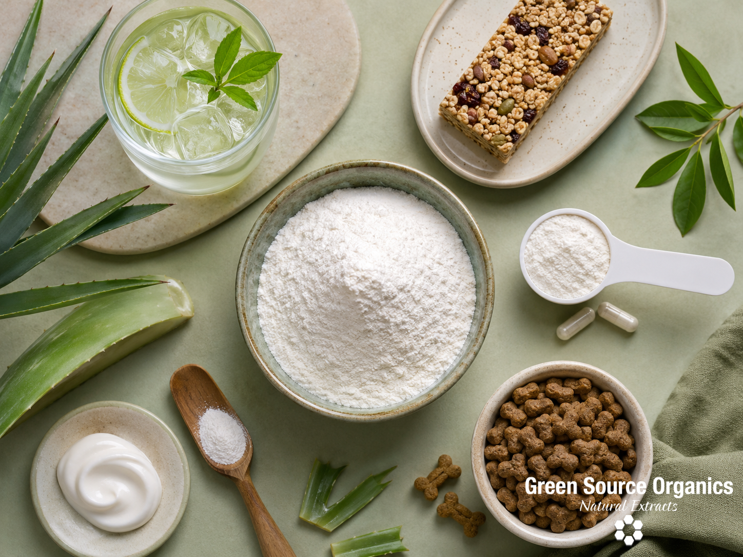 Organic Agave Inulin shown with food, beverage, supplement, and pet nutrition applications.