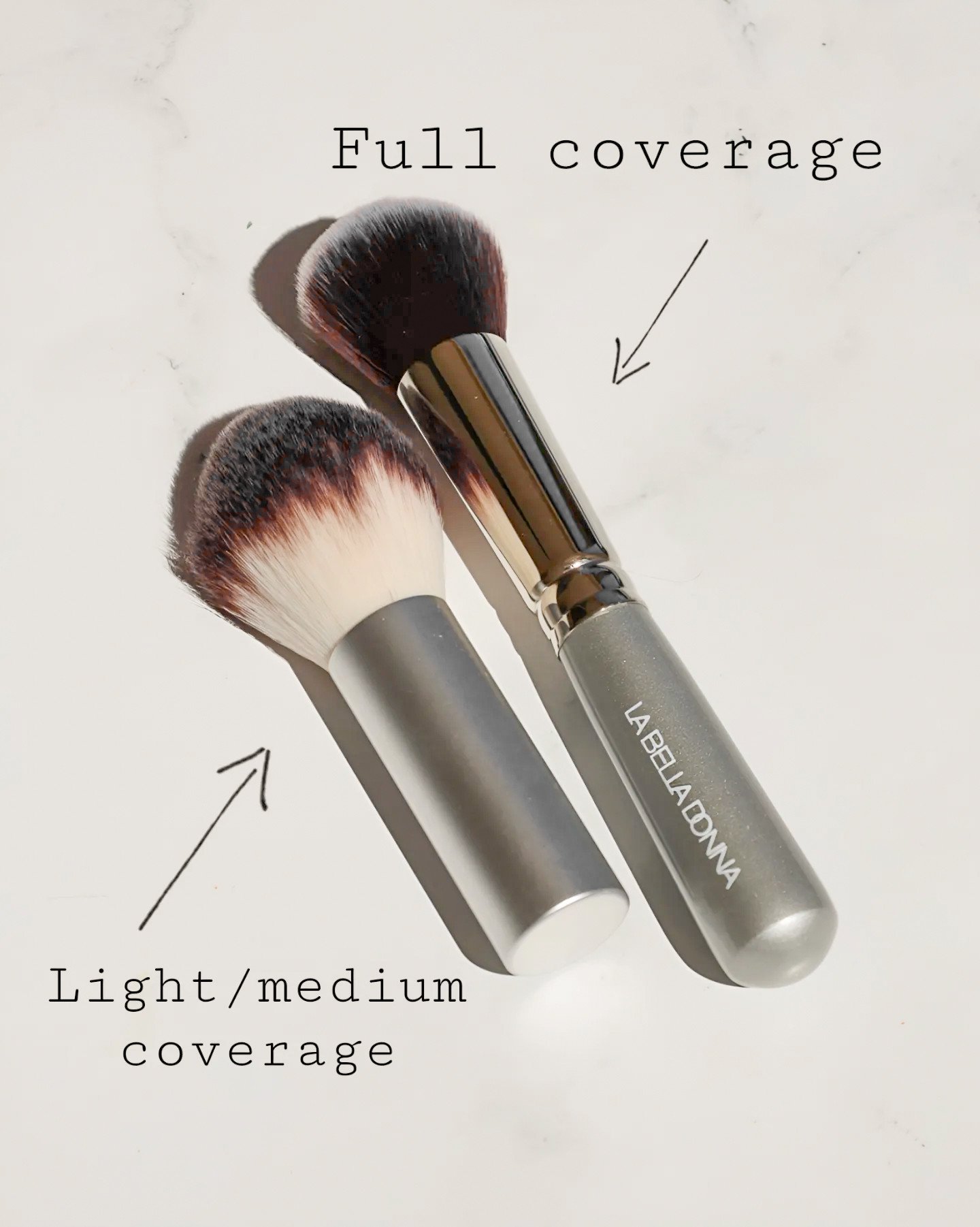 We stock our favorite three luxury La Bella Donna brushes in the salon:⁠
⁠
1.  Full coverage:  densely packed soft bristle hairs best for blending loose minerals thoroughly into the skin.⁠
⁠
2.  Light/medium coverage:  loosely packed soft bristles wi
