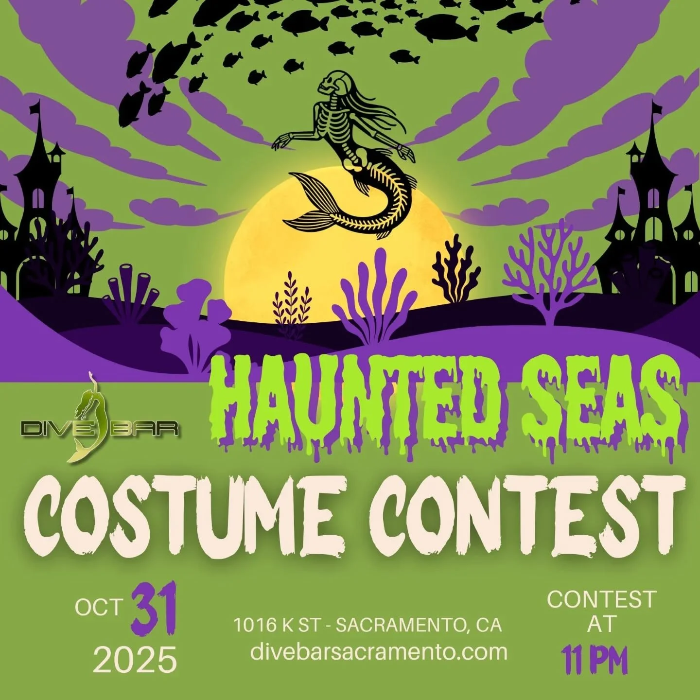 Do you have plans for Friday night? Well now you do! Enter our costume contest to swim some splashy prizes. Spooky Mermaid Shows and Live DJs all night long! #visitsacramento #downtownsacramento #halloweencontest #costumecontest #mermaidbar